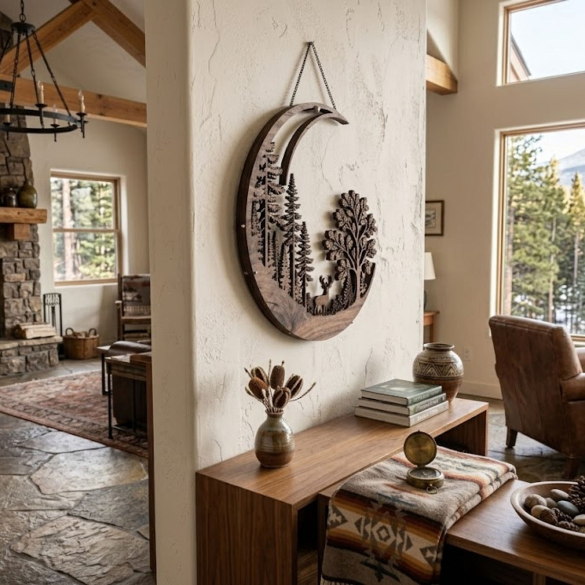 Crescent Moon Deer Metal Sign, Forest Deer Wall Art, Rustic Cabin Deco