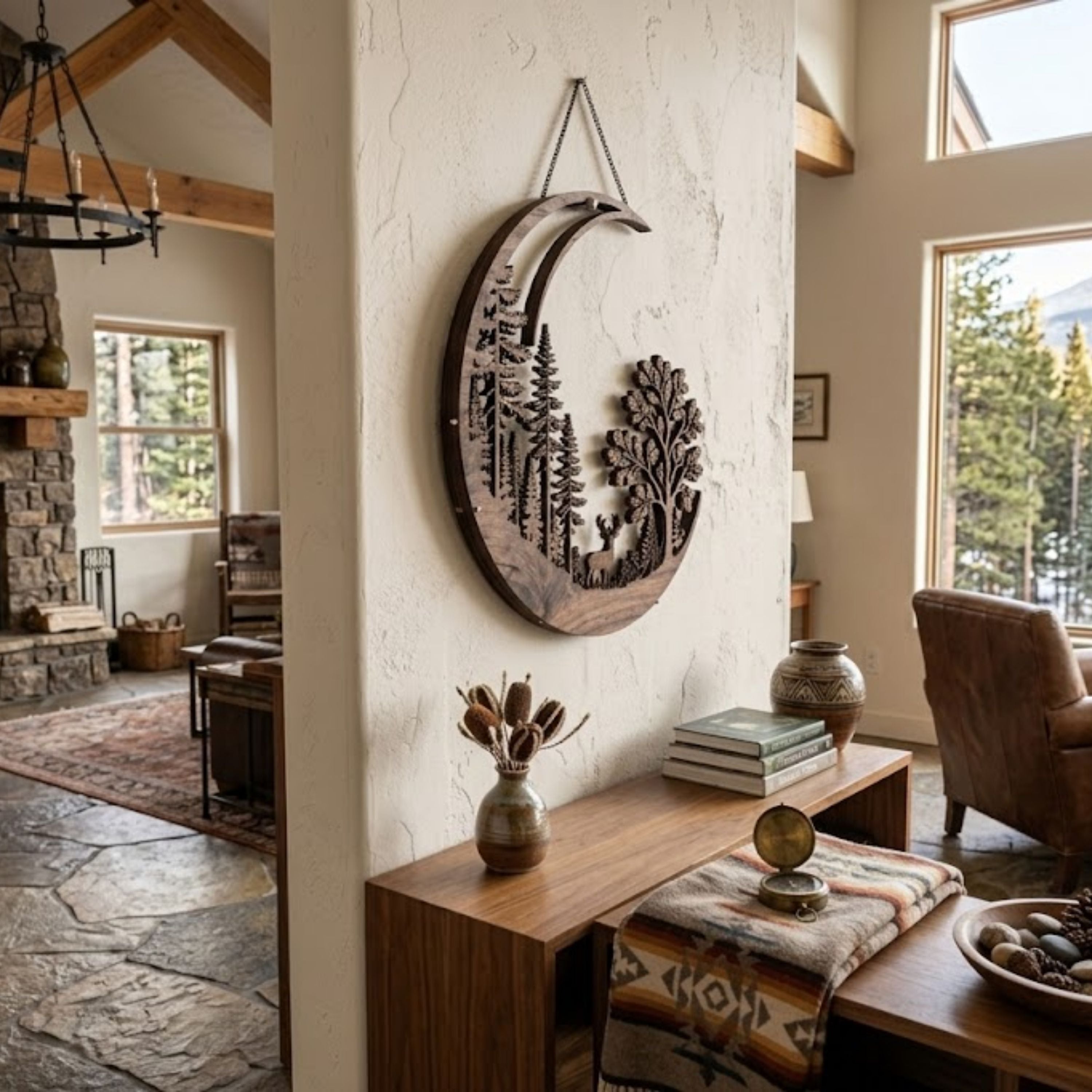 Crescent Moon Deer Metal Sign, Forest Deer Wall Art, Rustic Cabin Deco