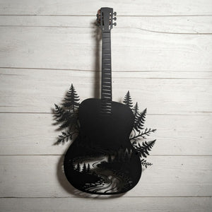 Guitar Metal Sign, Nature Guitar Wall Art, Forest River Decor, Outdoor