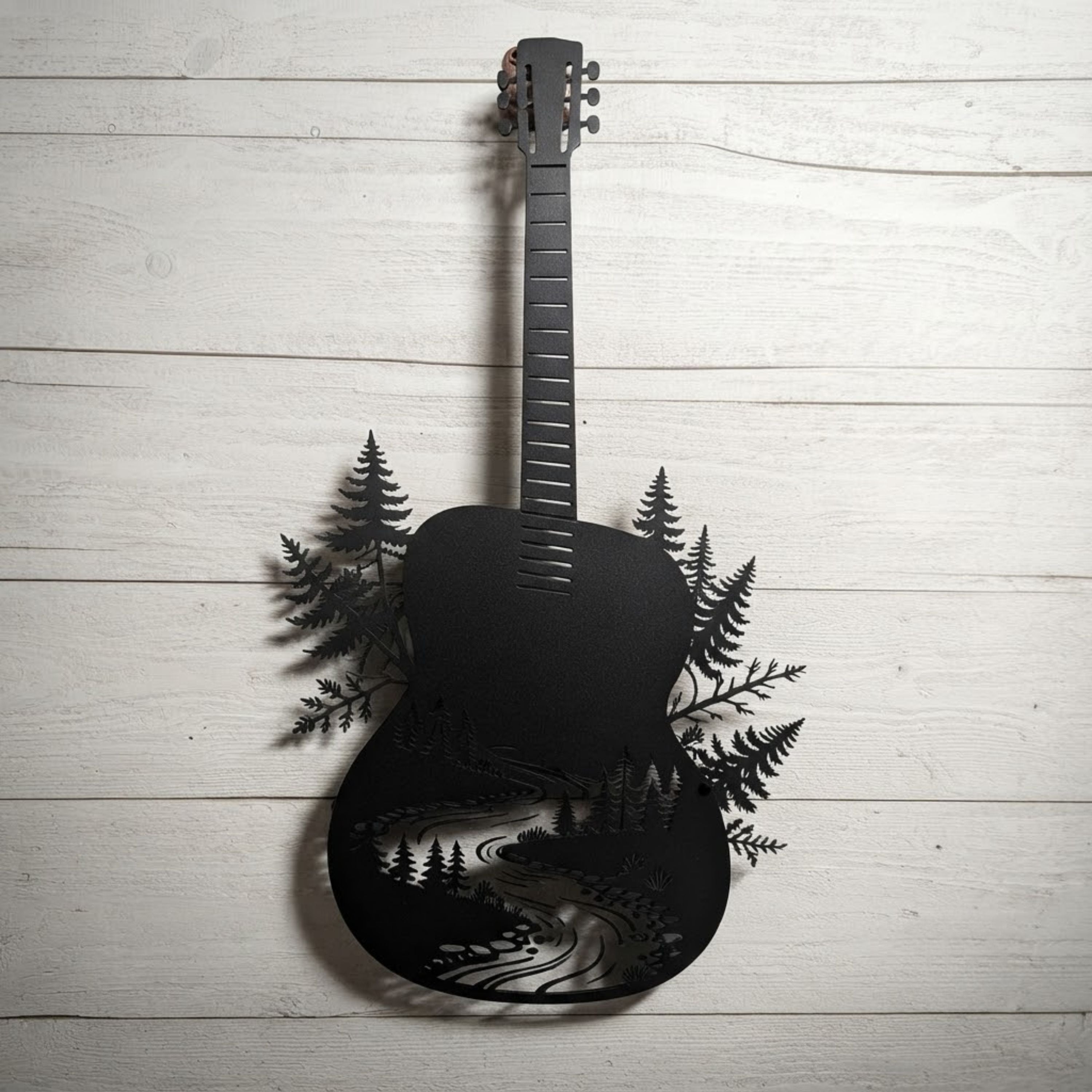Guitar Metal Sign, Nature Guitar Wall Art, Forest River Decor, Outdoor