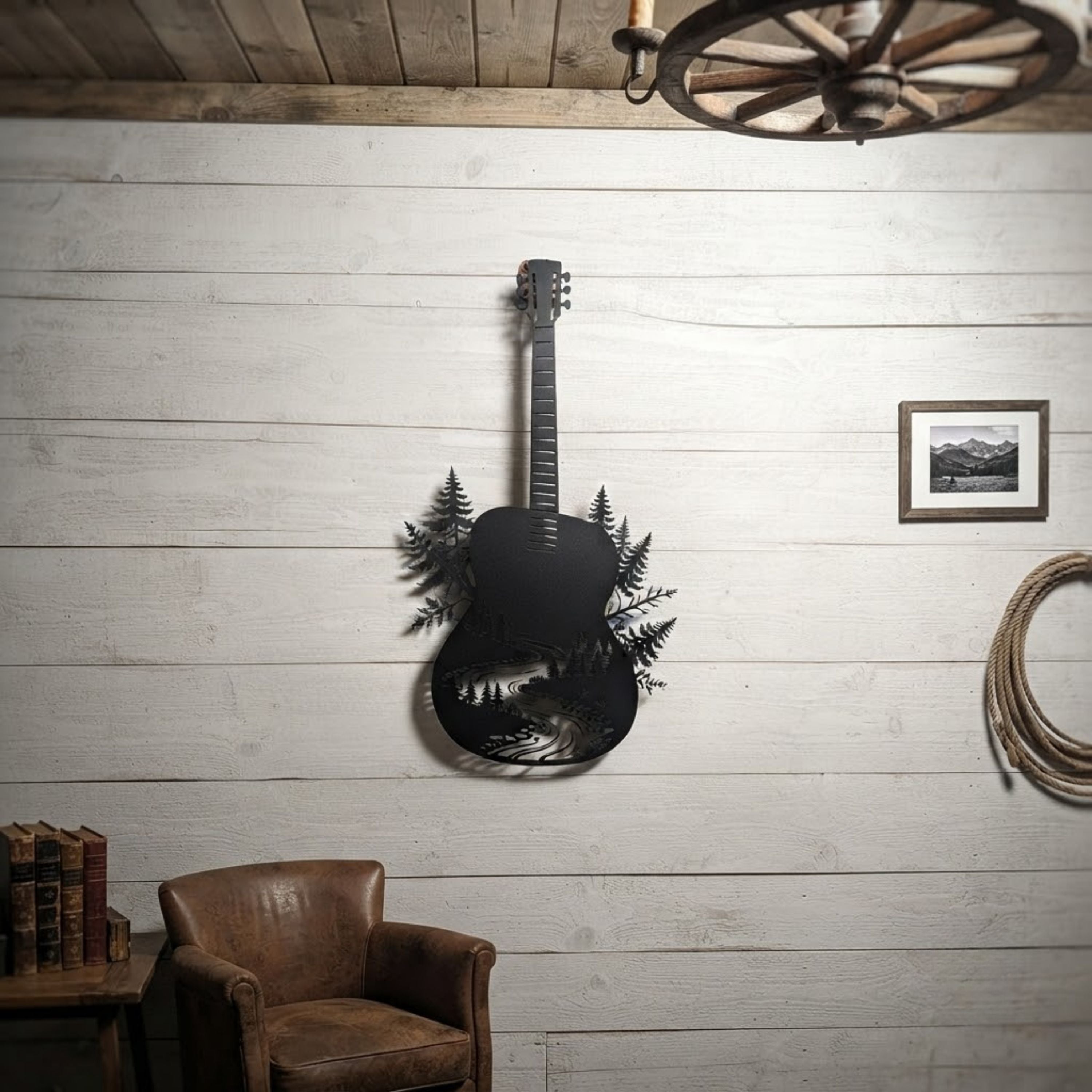 Guitar Metal Sign, Nature Guitar Wall Art, Forest River Decor, Outdoor