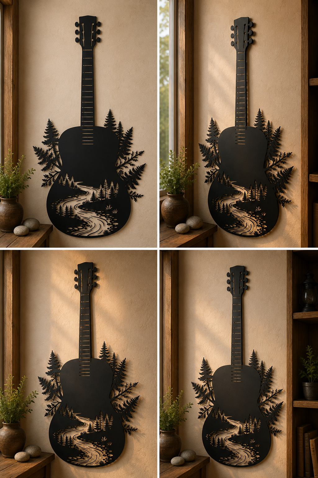 Guitar Metal Sign, Nature Guitar Wall Art, Forest River Decor, Outdoor