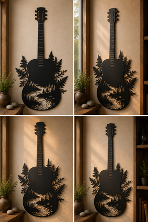 Guitar Metal Sign, Nature Guitar Wall Art, Forest River Decor, Outdoor