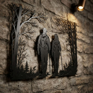 Hiking Couple Metal Sign, Forest Trail Wall Art, Outdoor Adventure Dec