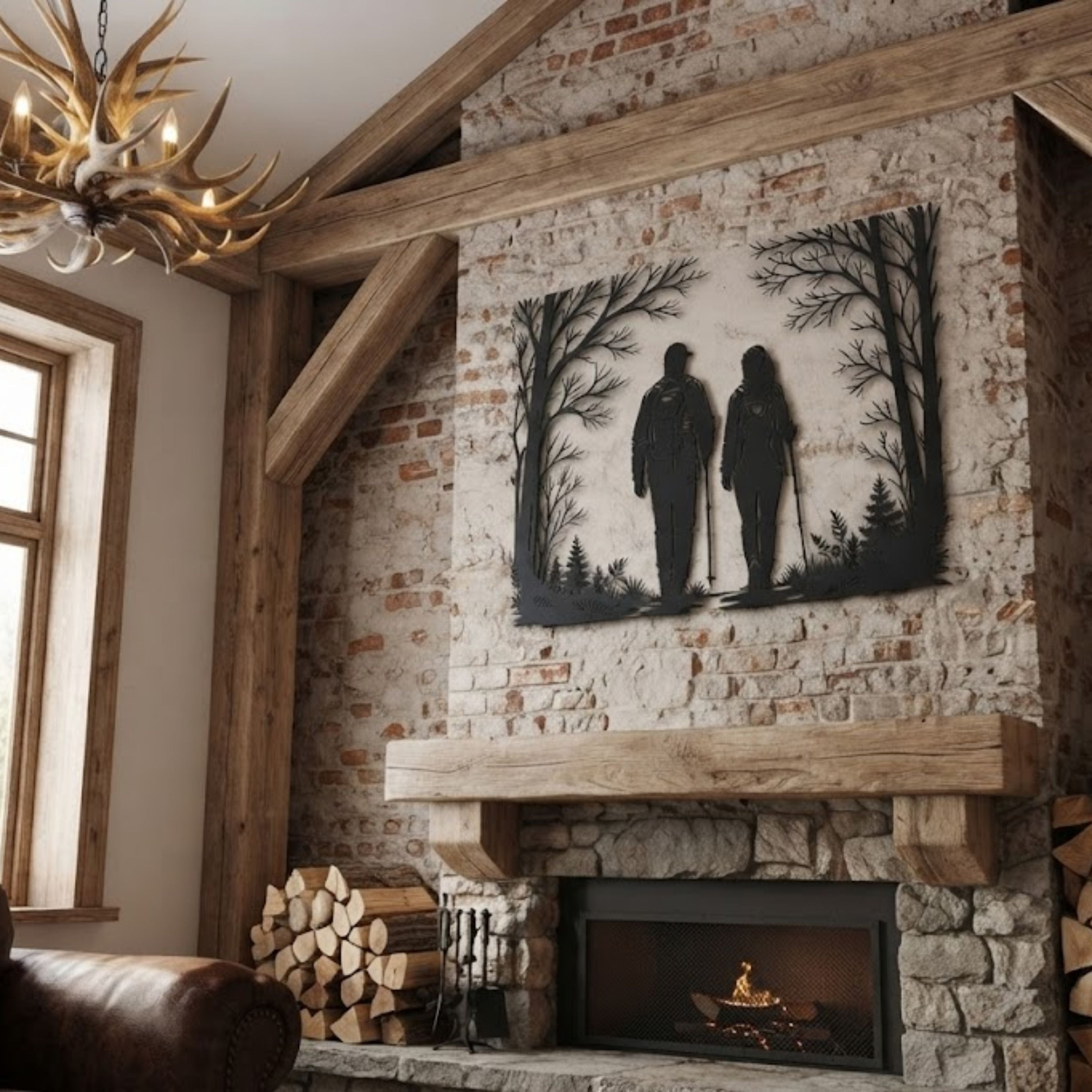 Hiking Couple Metal Sign, Forest Trail Wall Art, Outdoor Adventure Dec