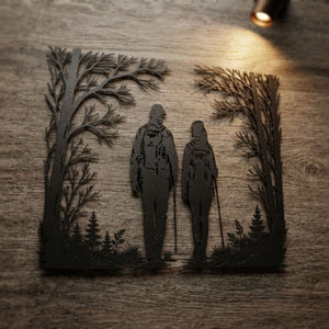 Hiking Couple Metal Sign, Forest Trail Wall Art, Outdoor Adventure Dec
