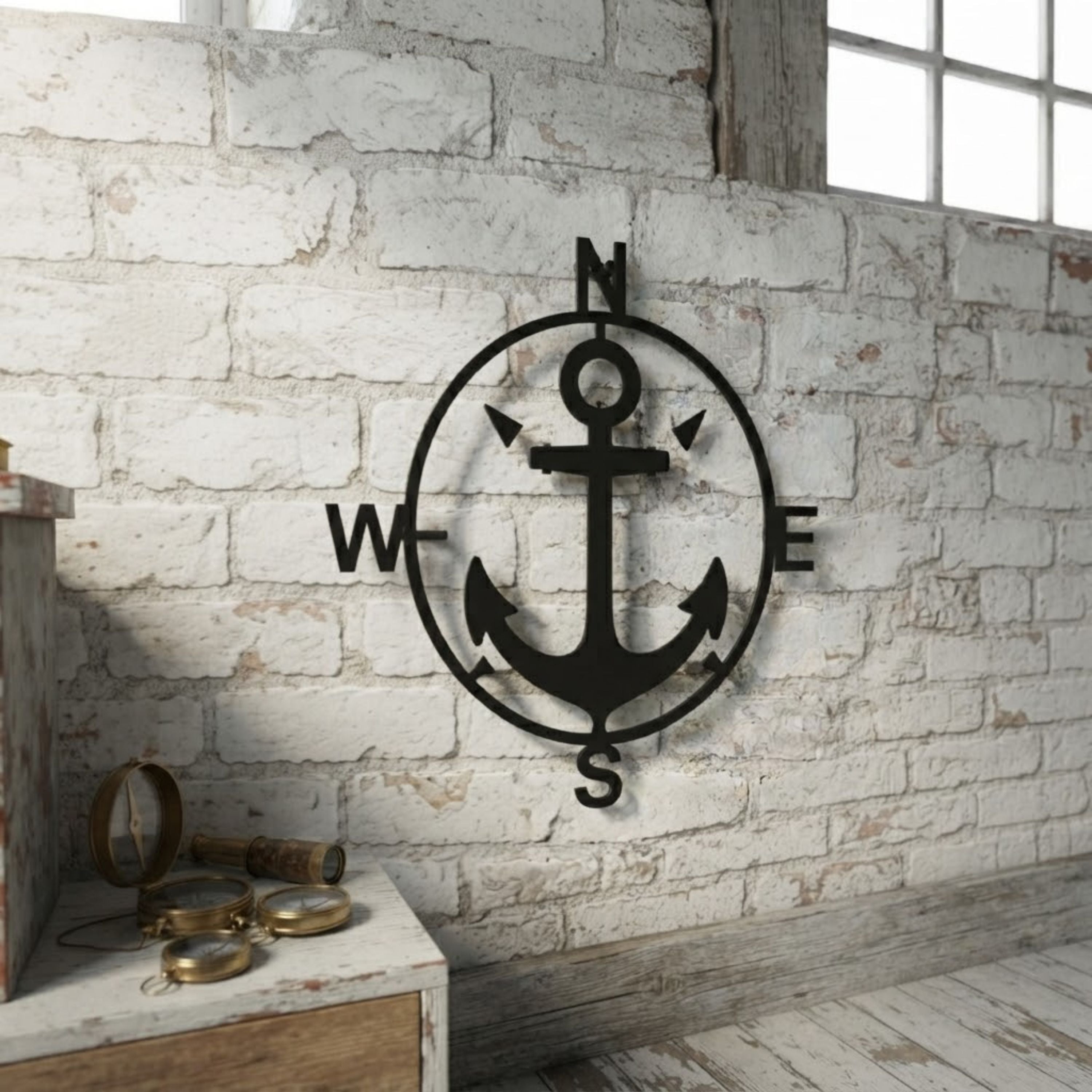 Anchor Compass Metal Sign, Nautical Wall Art, Compass Decor, Outdoor M