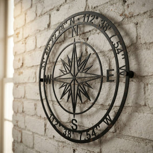 Compass Metal Sign, Personalized Coordinates Wall Art, Nautical Compas