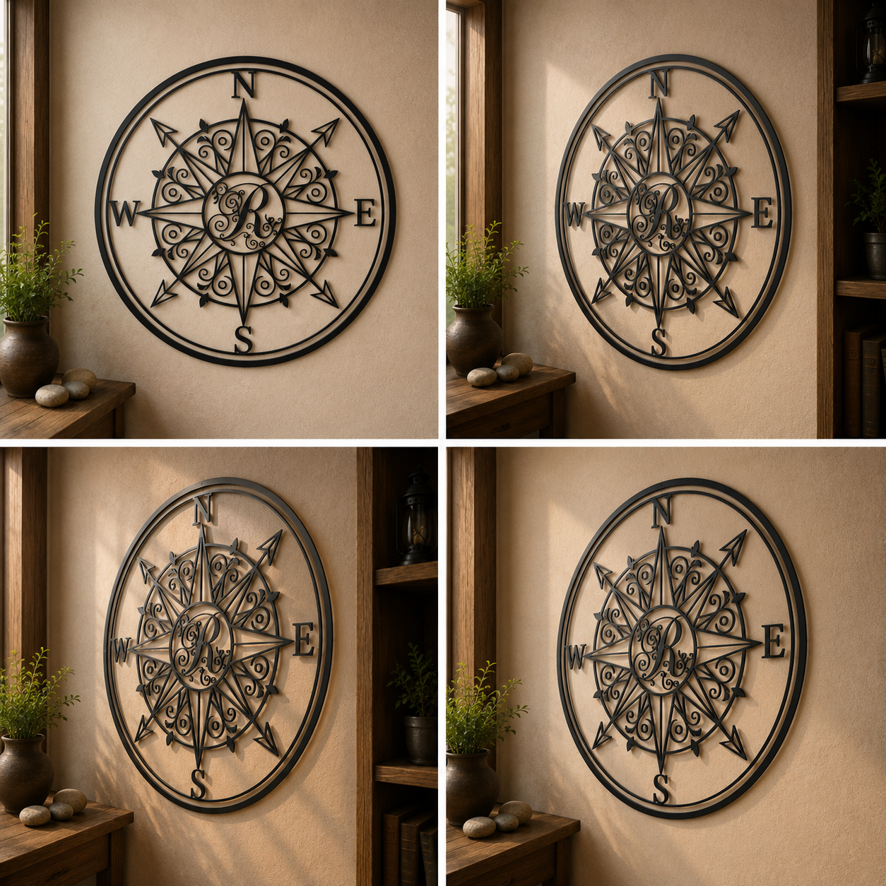 Personalized Compass Monogram Metal Sign, Initial Compass Wall Art, Cu