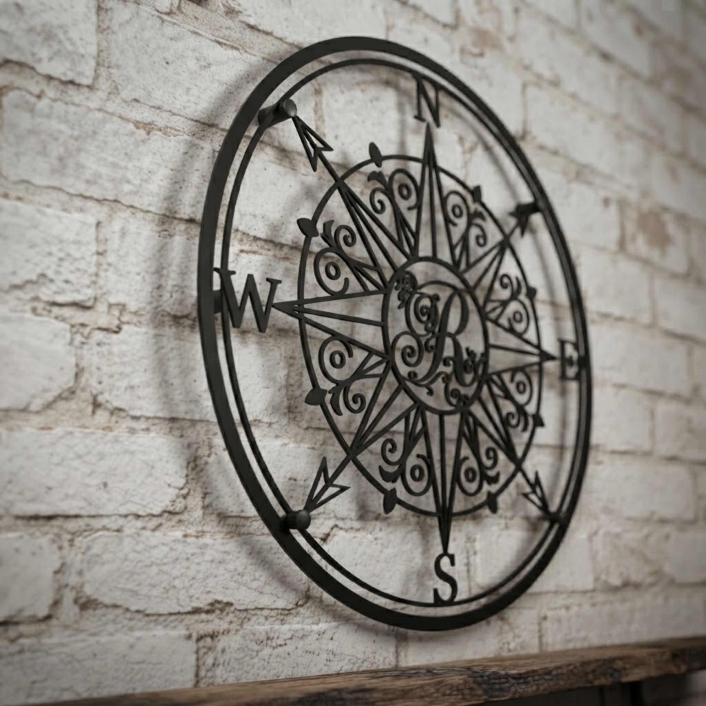 Personalized Compass Monogram Metal Sign, Initial Compass Wall Art, Cu