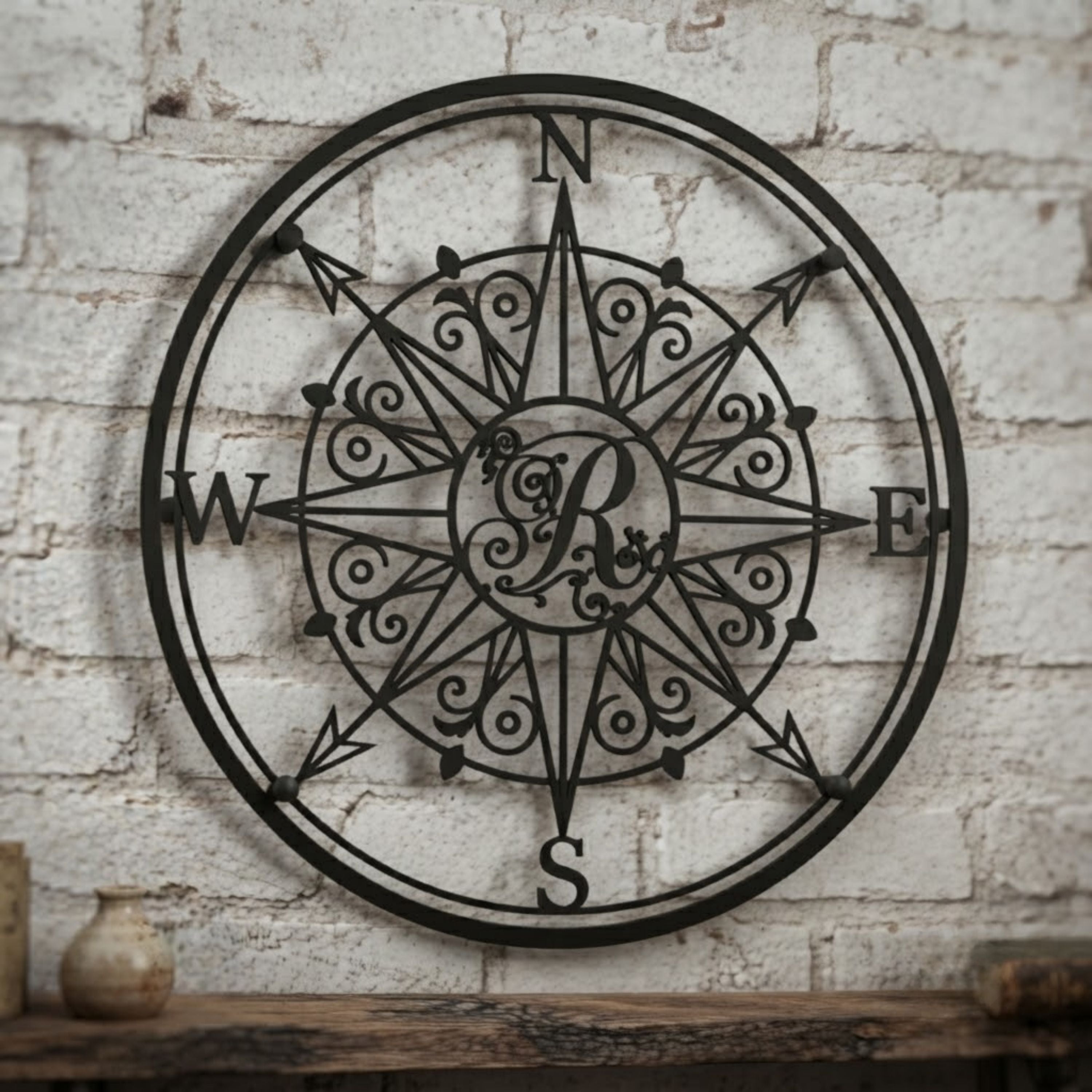 Personalized Compass Monogram Metal Sign, Initial Compass Wall Art, Cu