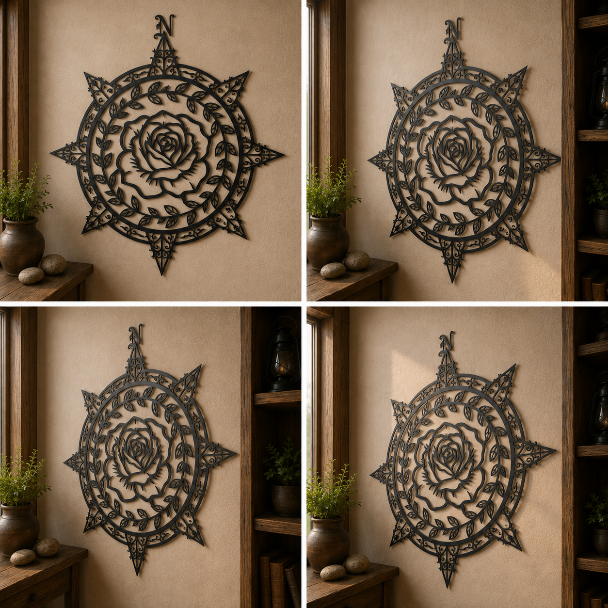 Rose Compass Metal Sign, Floral Compass Wall Art, Decorative Compass D
