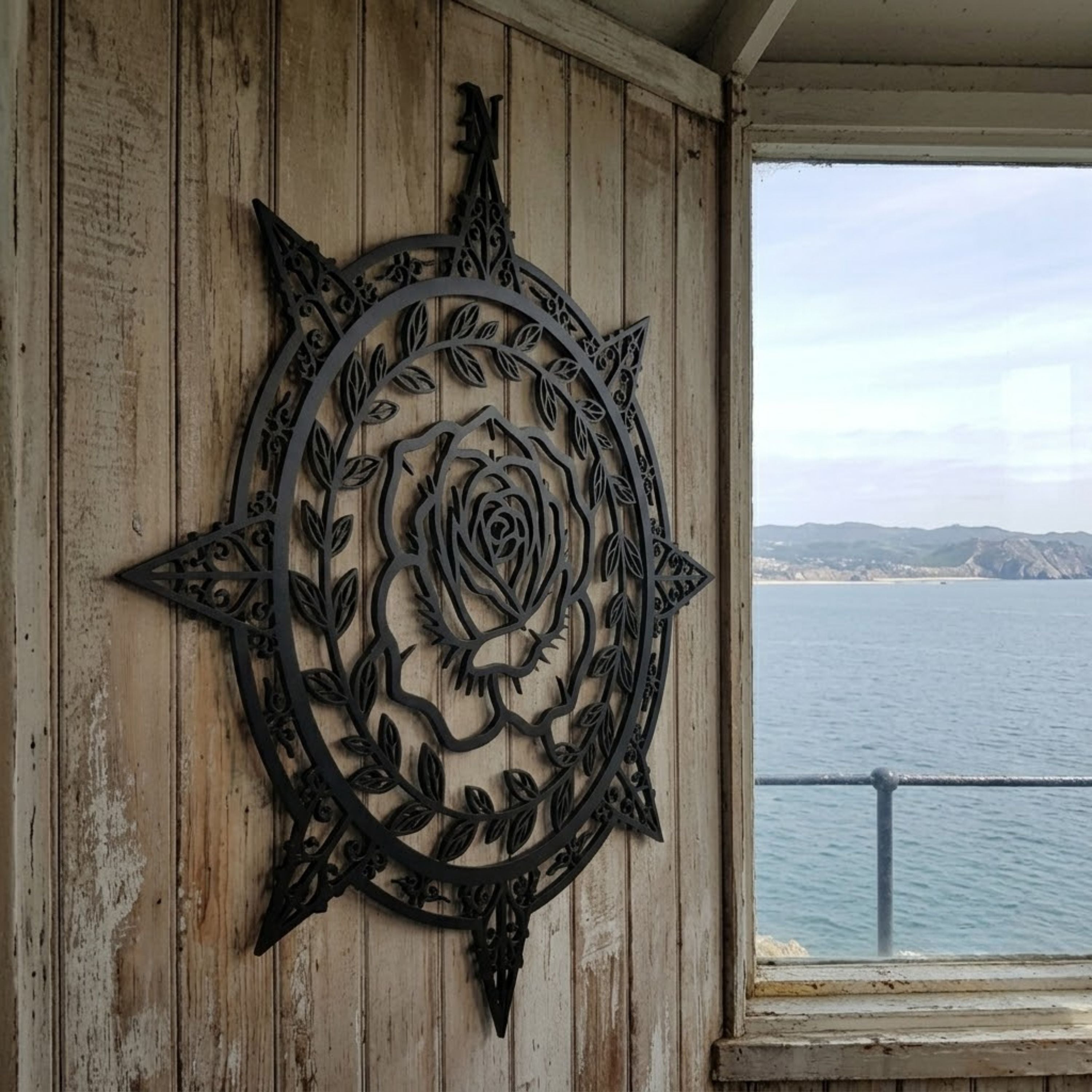 Rose Compass Metal Sign, Floral Compass Wall Art, Decorative Compass D