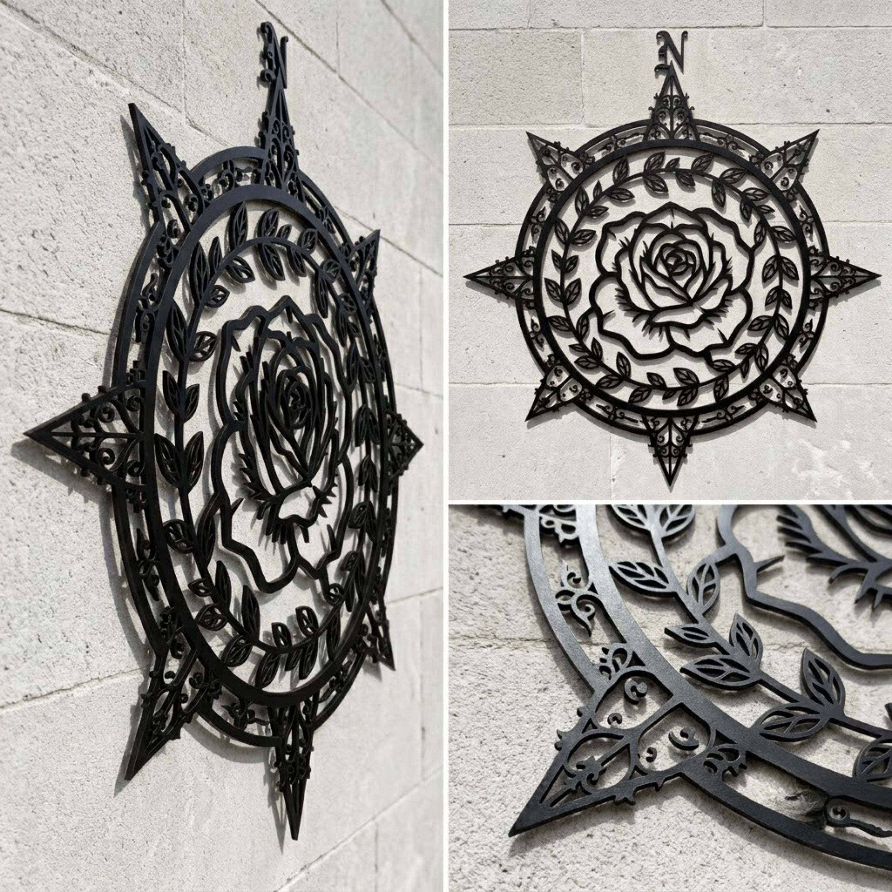 Rose Compass Metal Sign, Floral Compass Wall Art, Decorative Compass D