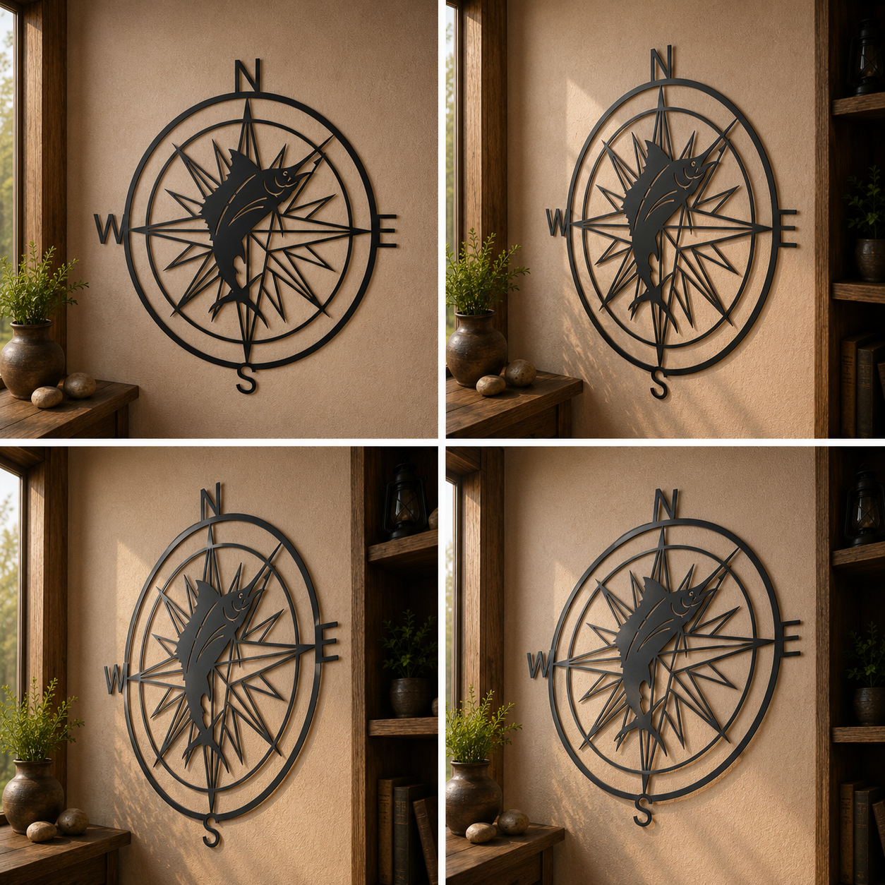 Marlin Compass Metal Sign, Swordfish Compass Wall Art, Nautical Fishin
