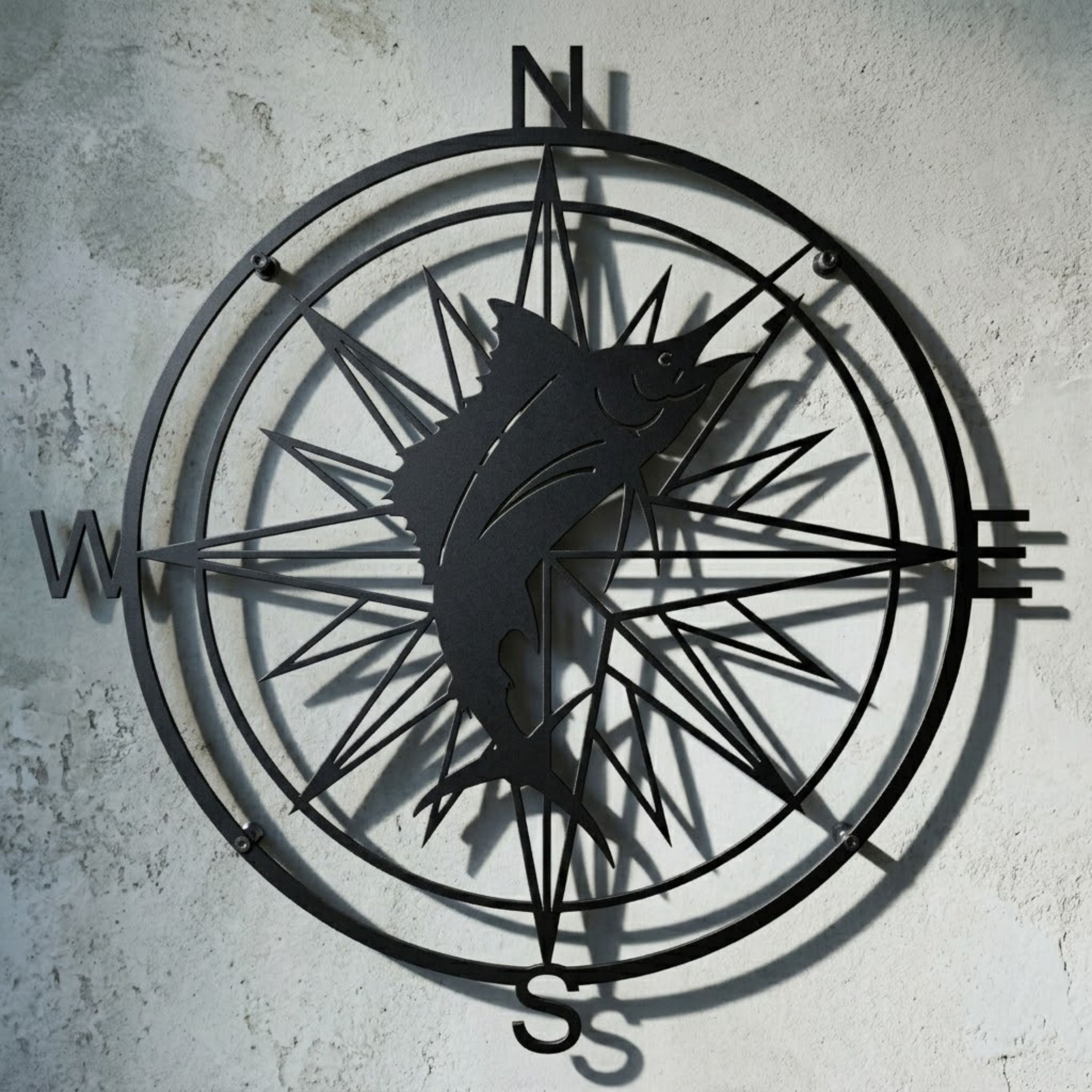 Marlin Compass Metal Sign, Swordfish Compass Wall Art, Nautical Fishin