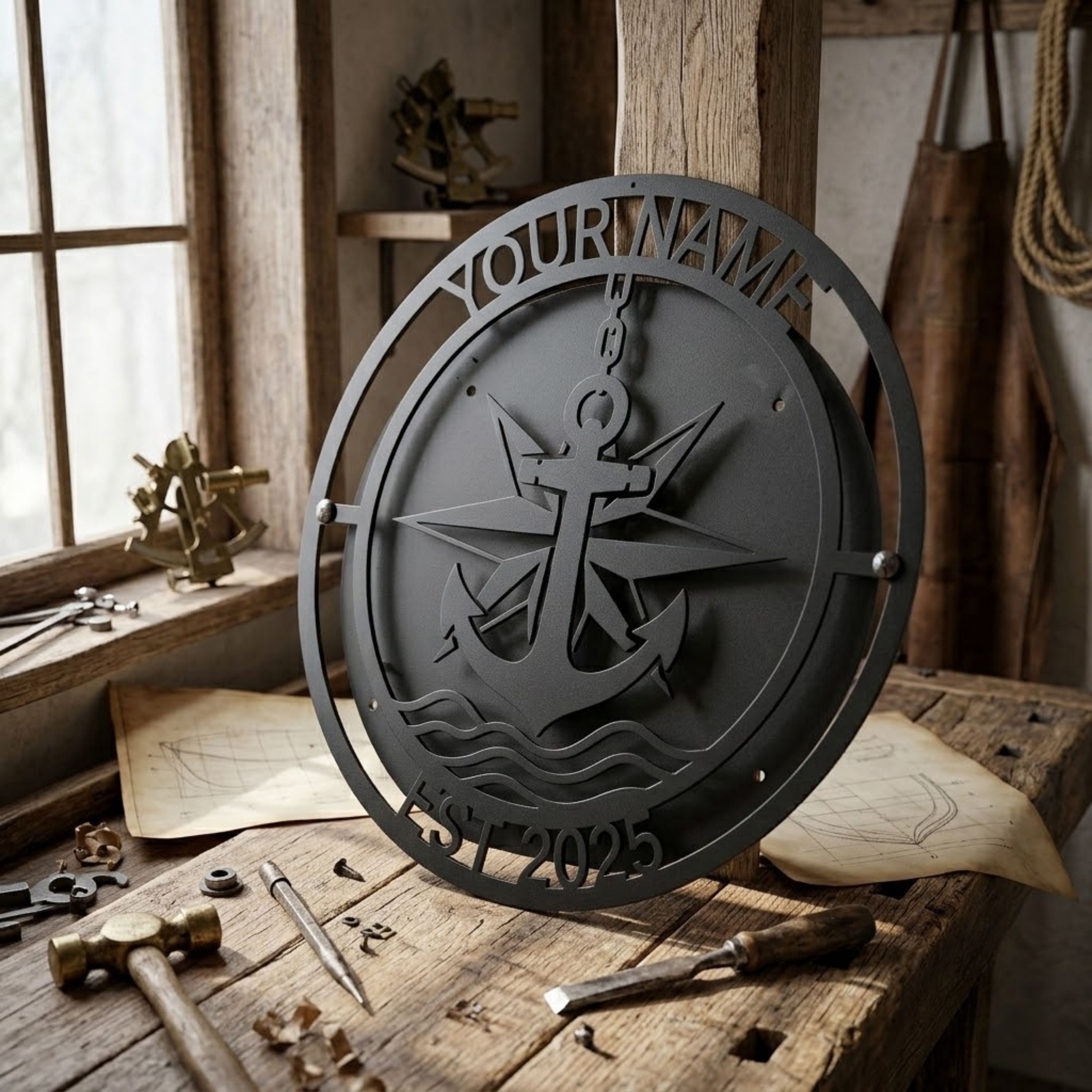 Personalized Anchor Name Metal Sign, Custom Nautical Wall Art, Family