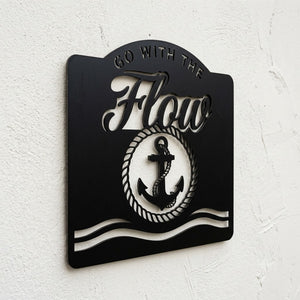 Go With The Flow Metal Sign, Nautical Anchor Wall Art, Motivational Ph
