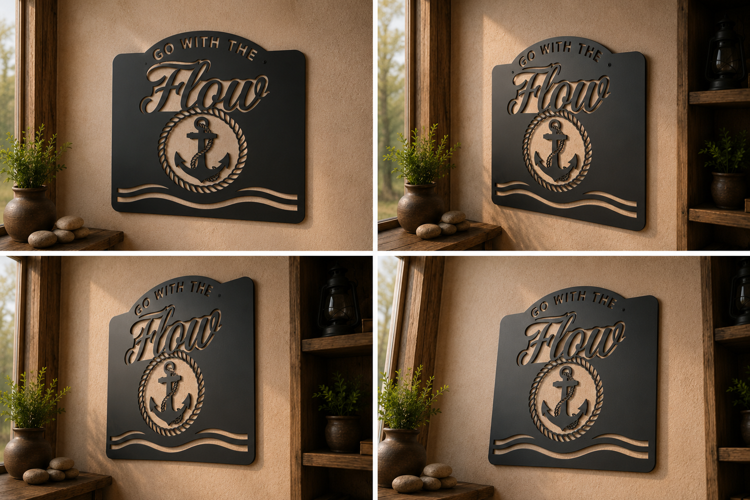 Go With The Flow Metal Sign, Nautical Anchor Wall Art, Motivational Ph