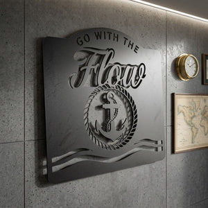 Go With The Flow Metal Sign, Nautical Anchor Wall Art, Motivational Ph