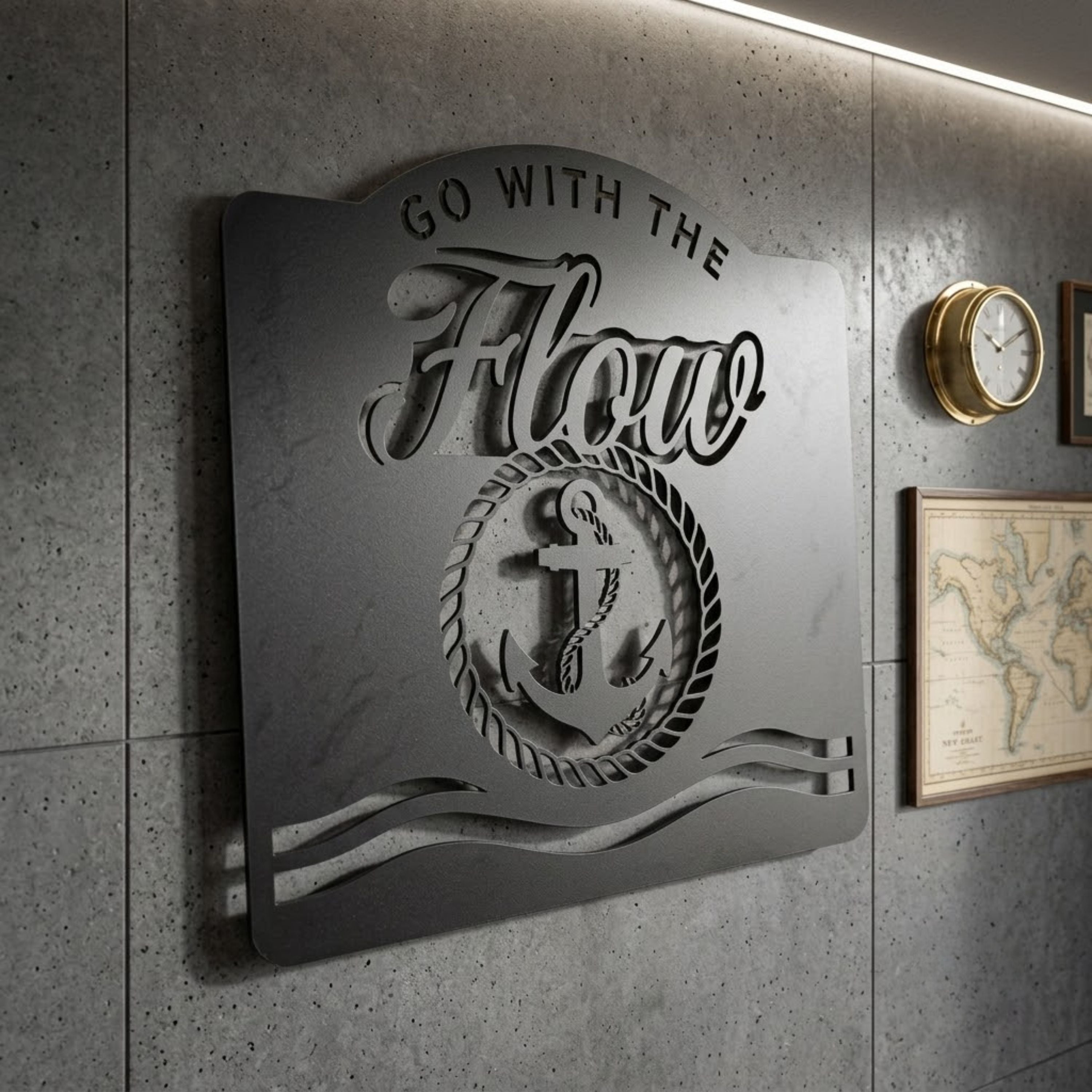Go With The Flow Metal Sign, Nautical Anchor Wall Art, Motivational Ph