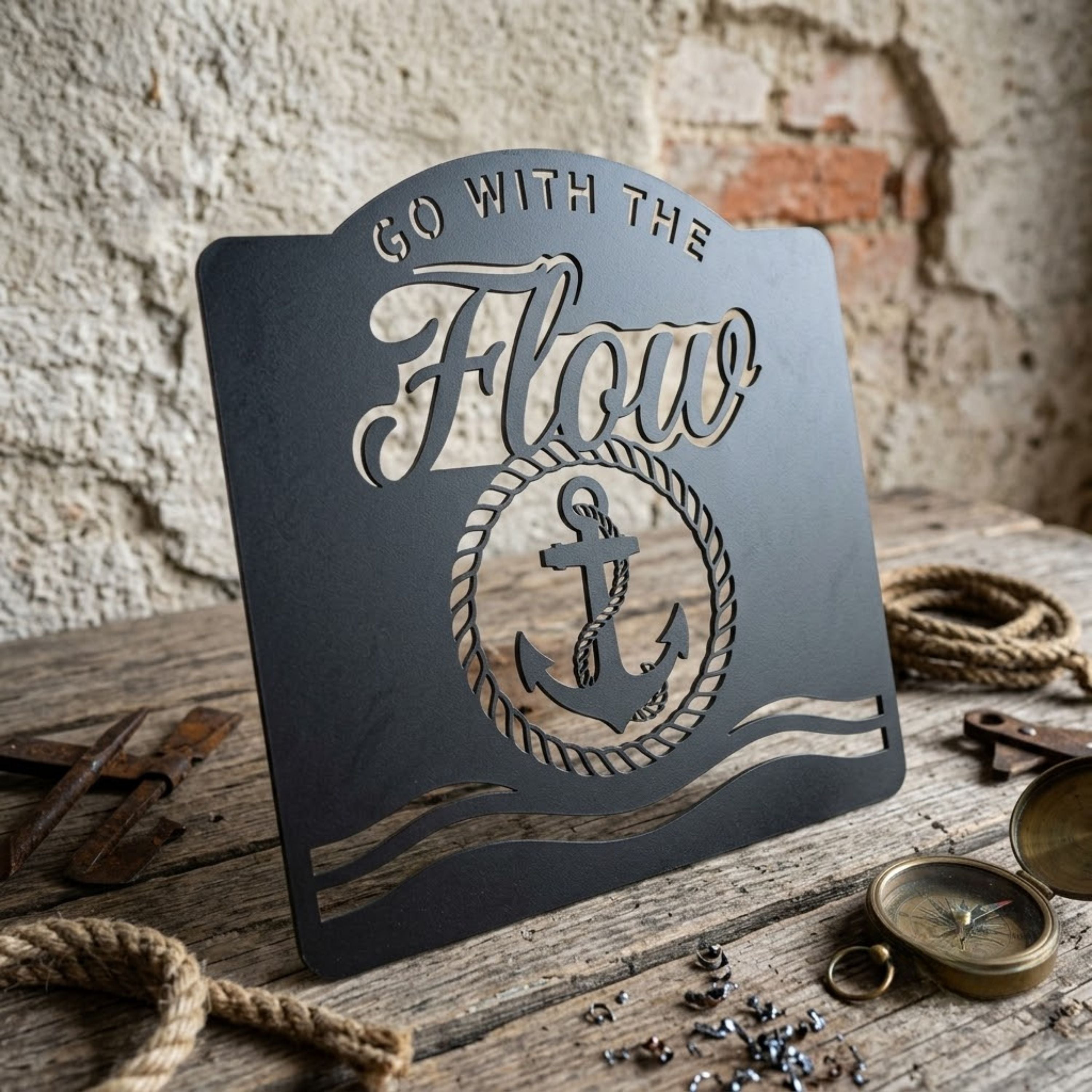 Go With The Flow Metal Sign, Nautical Anchor Wall Art, Motivational Ph