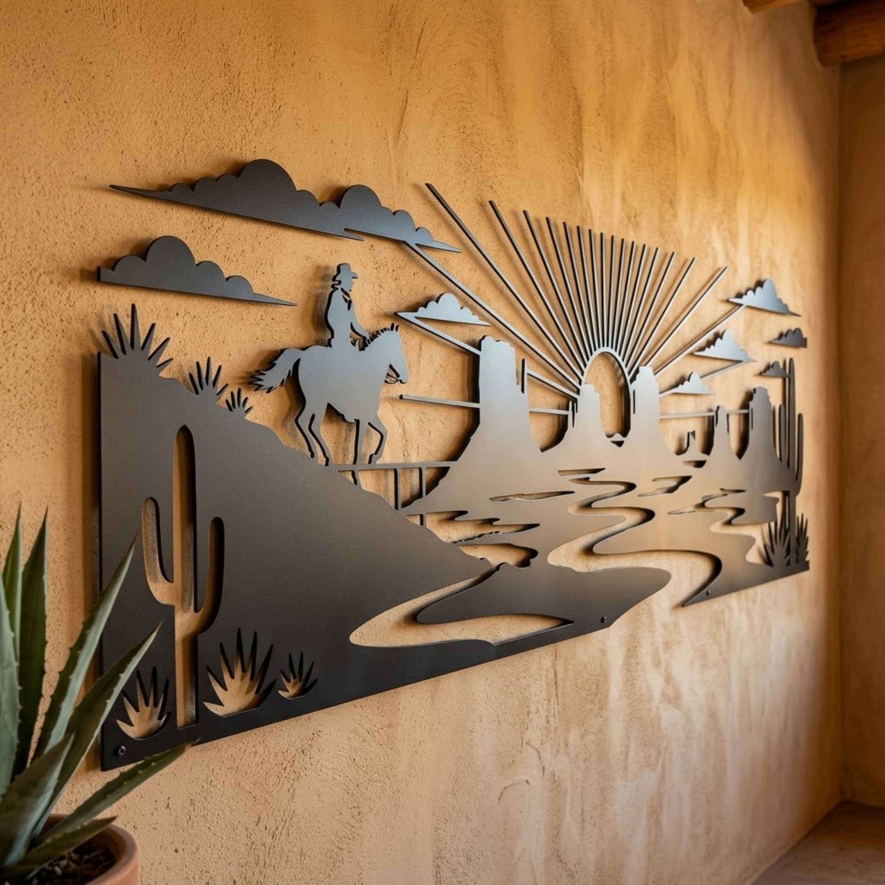 Cowboy Sunset Metal Sign, Western Desert Wall Art, Horseback Rider Dec