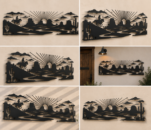 Cowboy Sunset Metal Sign, Western Desert Wall Art, Horseback Rider Dec