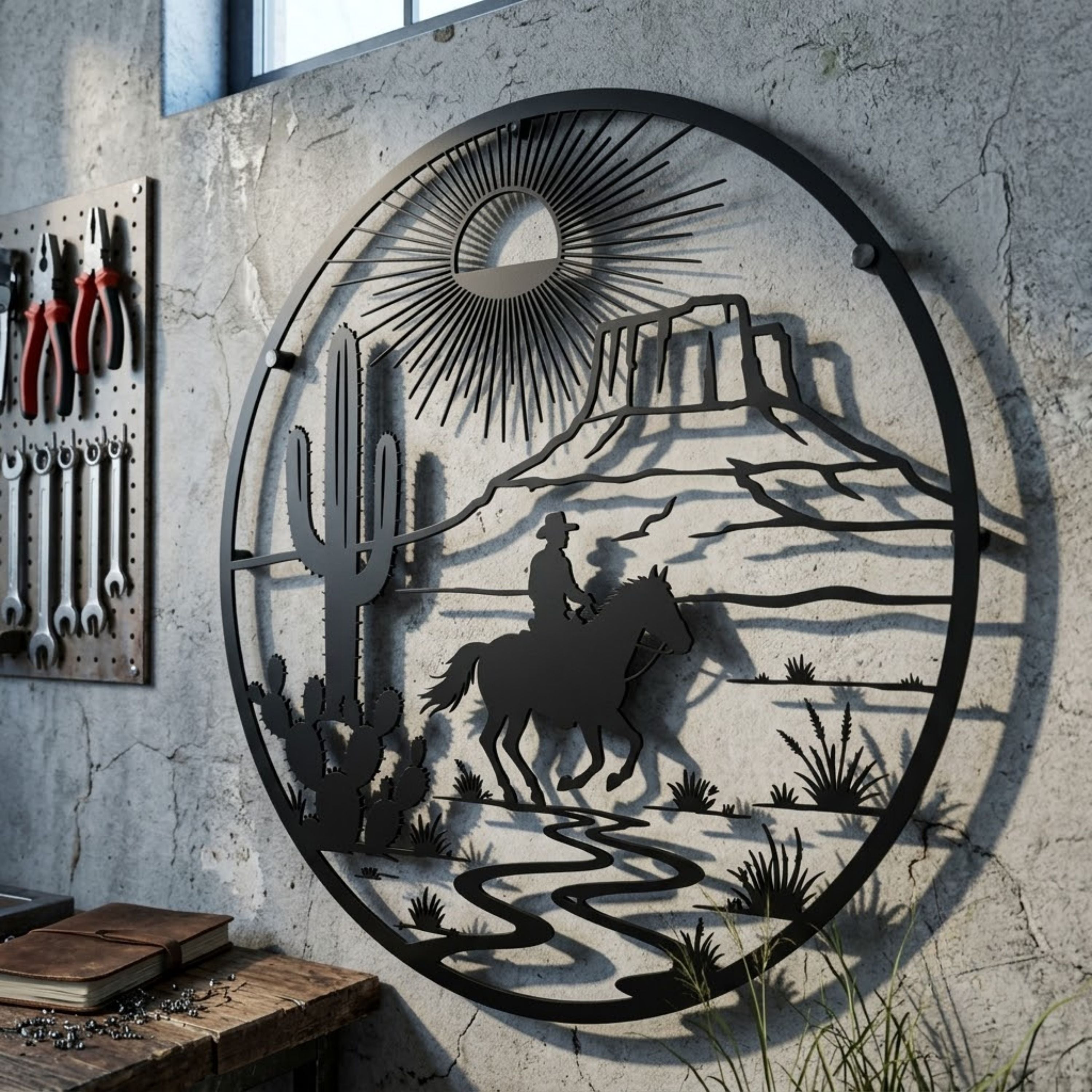 Cowboy Desert Circle Metal Sign, Western Horseback Wall Art, Ranch Sun