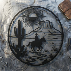 Cowboy Desert Circle Metal Sign, Western Horseback Wall Art, Ranch Sun