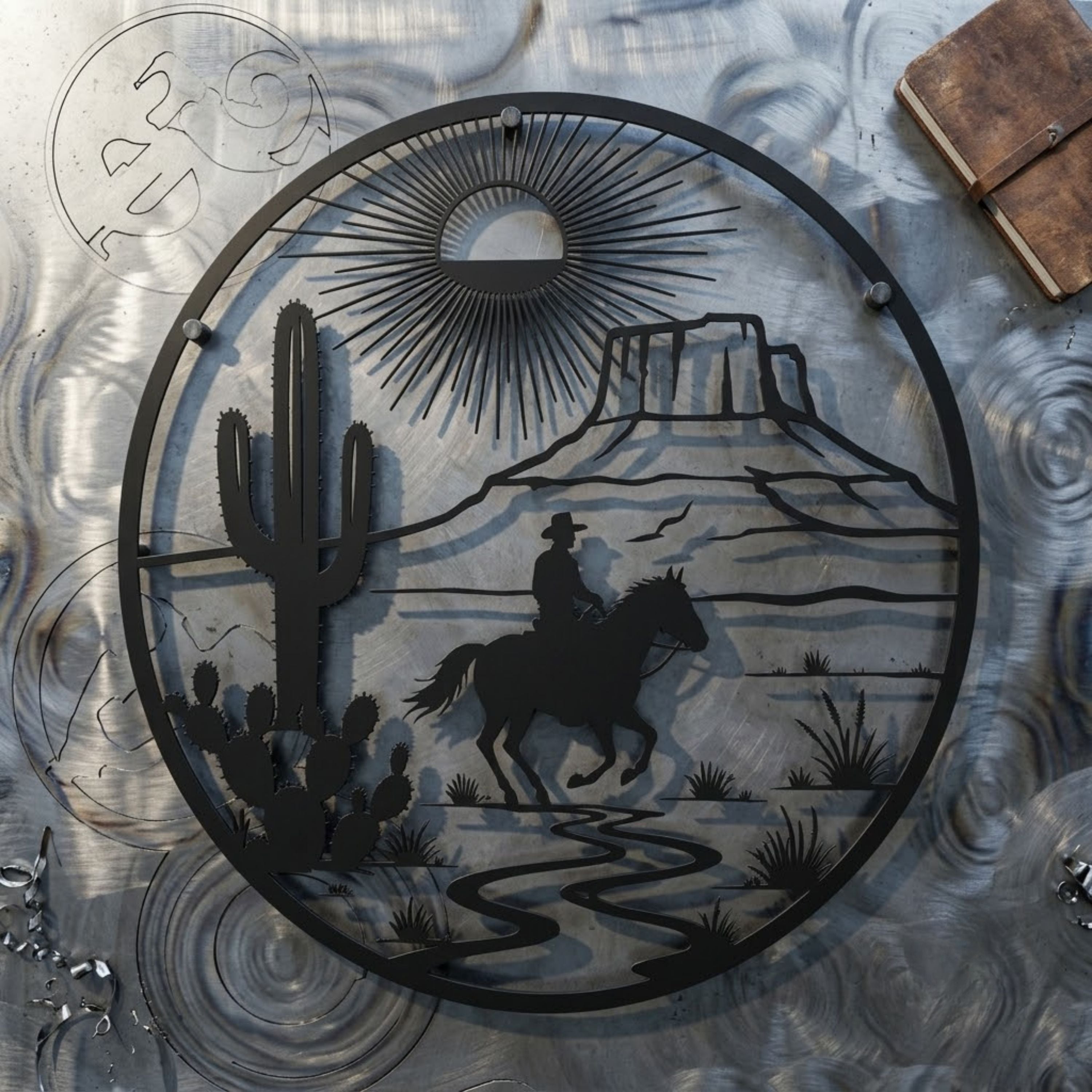 Cowboy Desert Circle Metal Sign, Western Horseback Wall Art, Ranch Sun