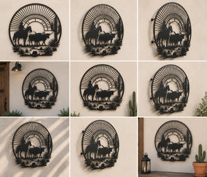Cowboy Desert Circle Metal Sign, Western Horseback Wall Art, Ranch Sun