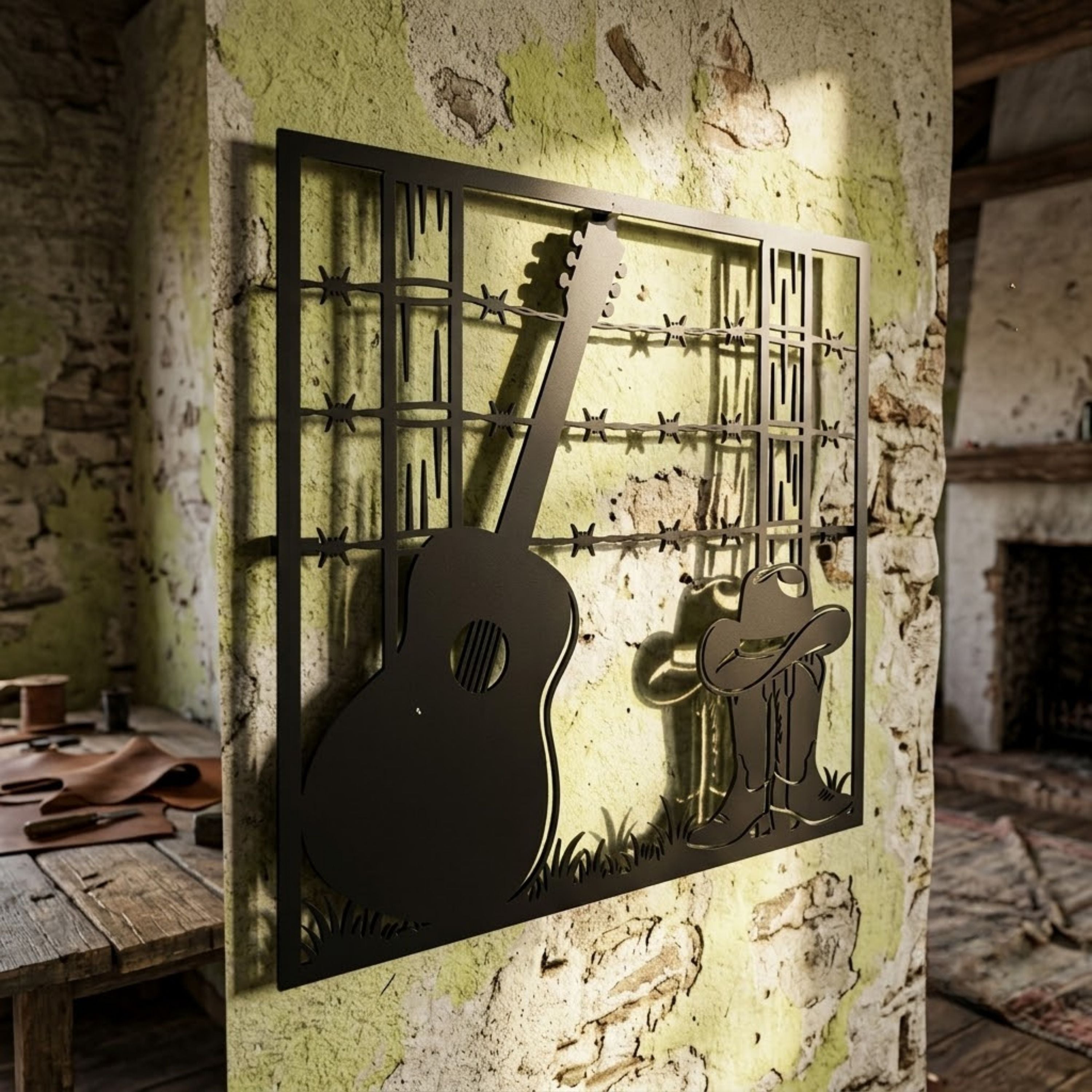 Cowboy Guitar Metal Sign, Western Boots Wall Art, Country Music Decor