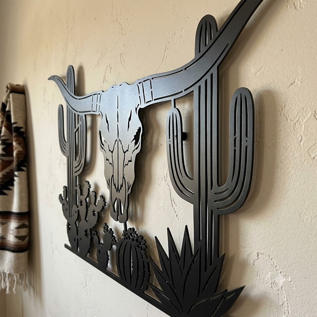 Longhorn Skull Metal Sign, Western Cattle Skull Wall Art, Desert Cactu