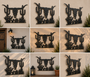 Longhorn Skull Metal Sign, Western Cattle Skull Wall Art, Desert Cactu