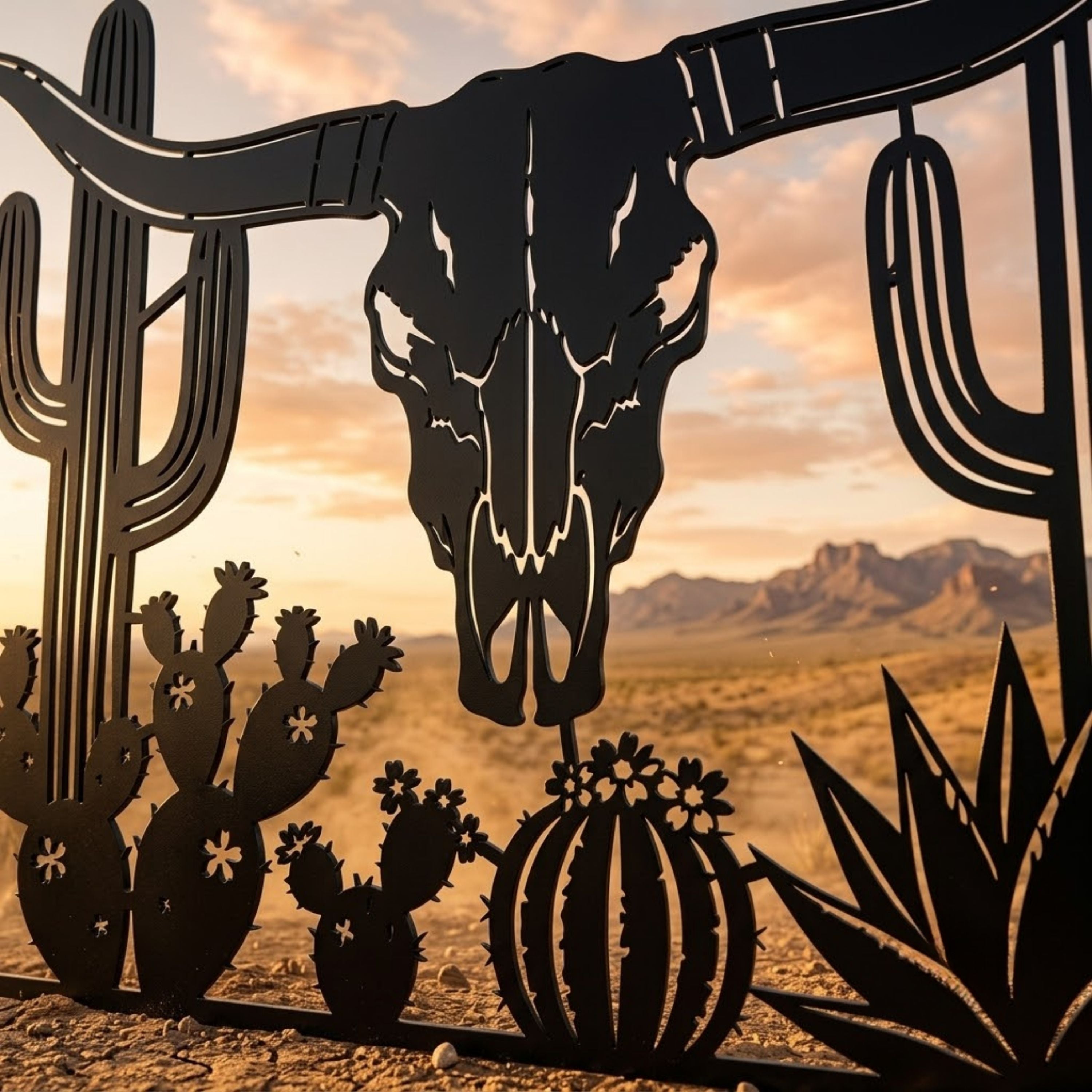 Longhorn Skull Metal Sign, Western Cattle Skull Wall Art, Desert Cactu