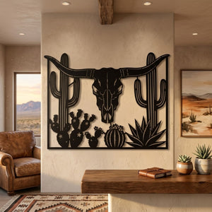 Longhorn Skull Metal Sign, Western Cattle Skull Wall Art, Desert Cactu