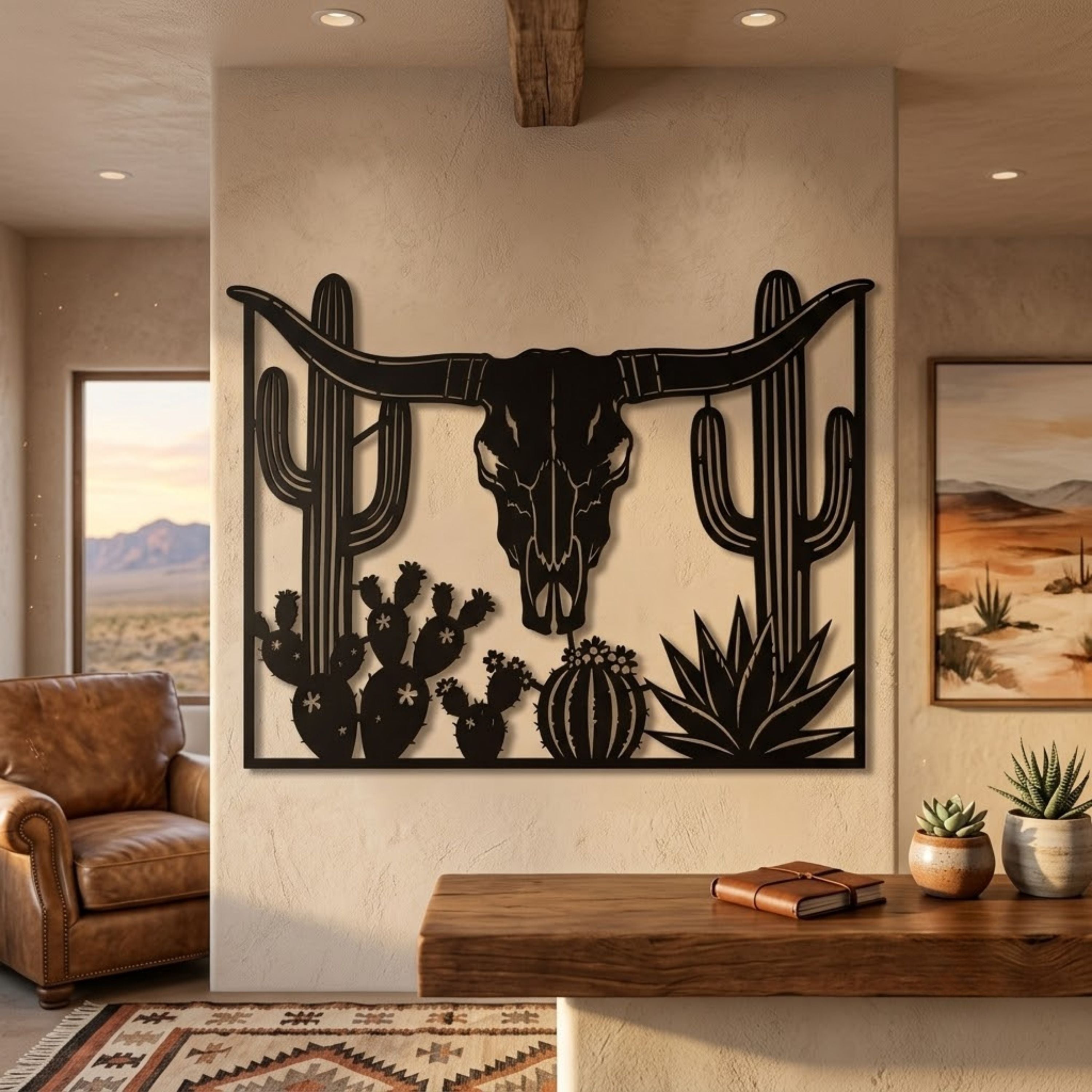 Longhorn Skull Metal Sign, Western Cattle Skull Wall Art, Desert Cactu