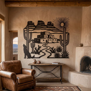 Desert Wolf Metal Sign, Southwest Pueblo Wall Art, Howling Coyote Deco