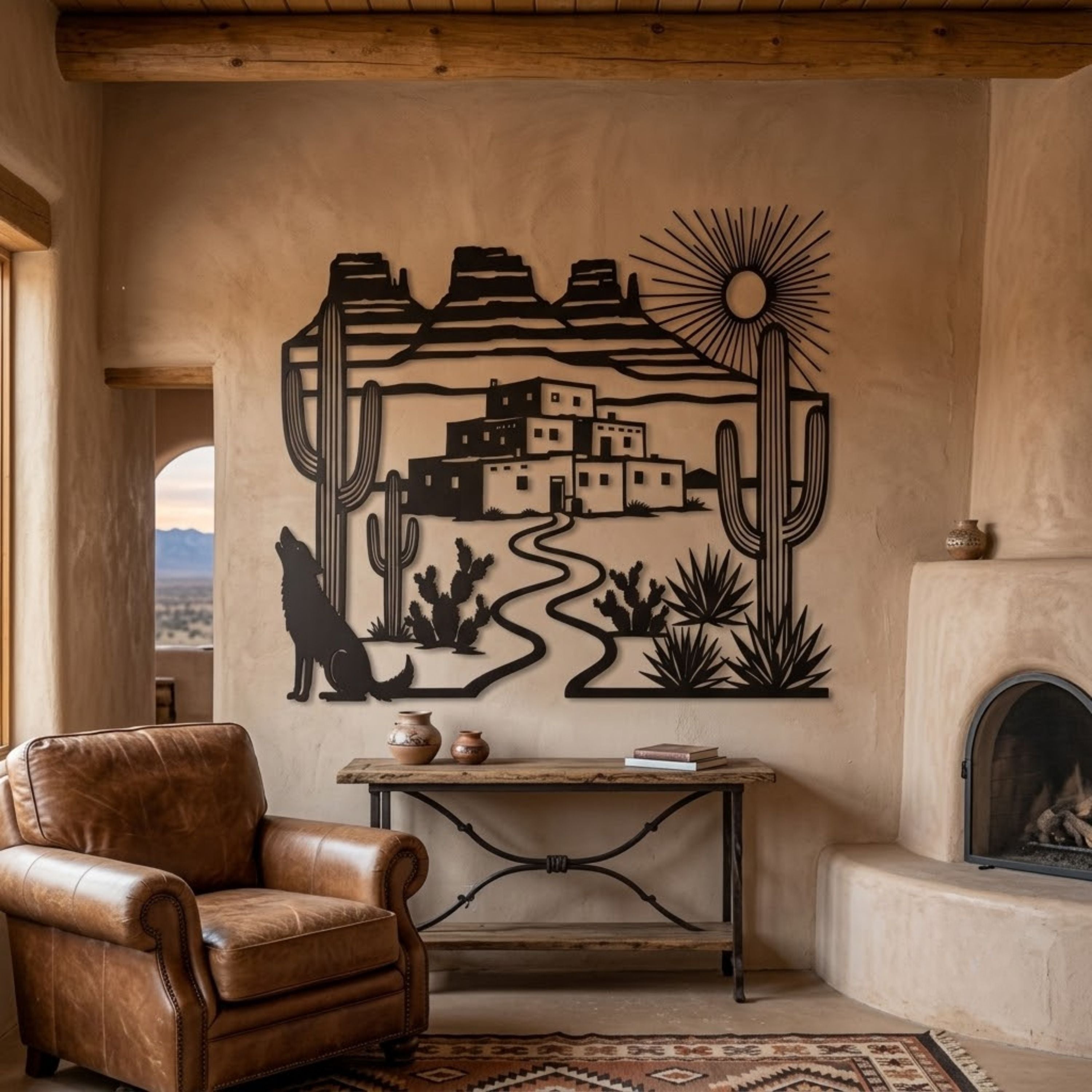Desert Wolf Metal Sign, Southwest Pueblo Wall Art, Howling Coyote Deco