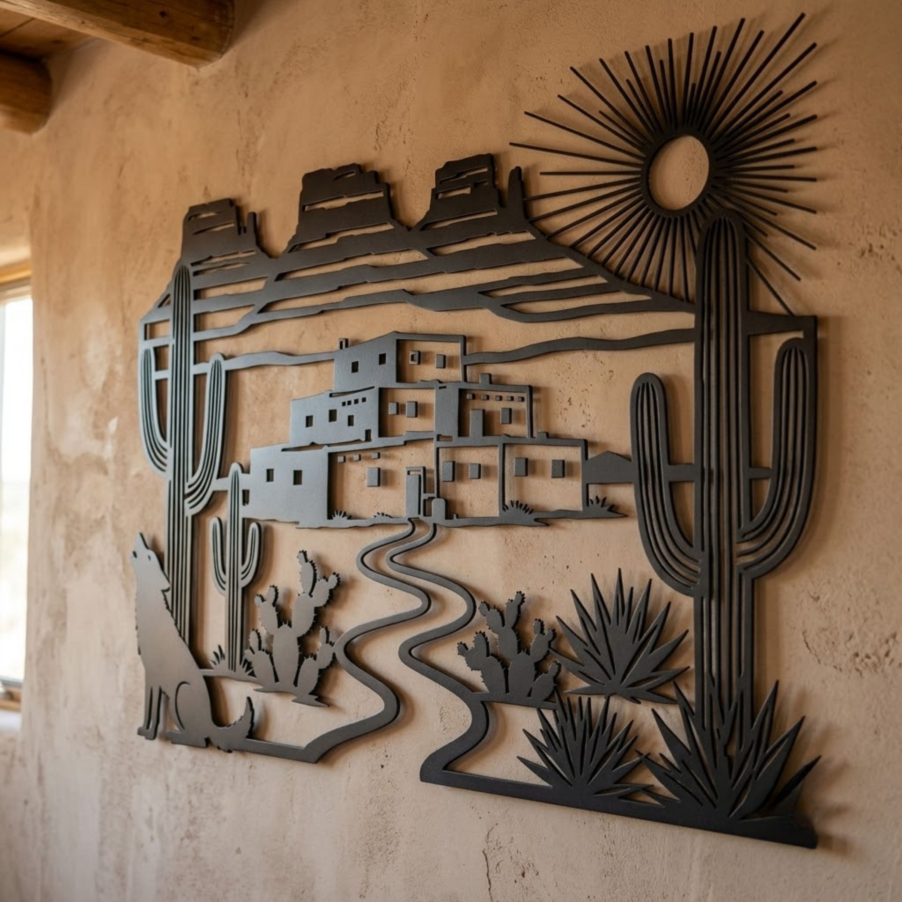Desert Wolf Metal Sign, Southwest Pueblo Wall Art, Howling Coyote Deco