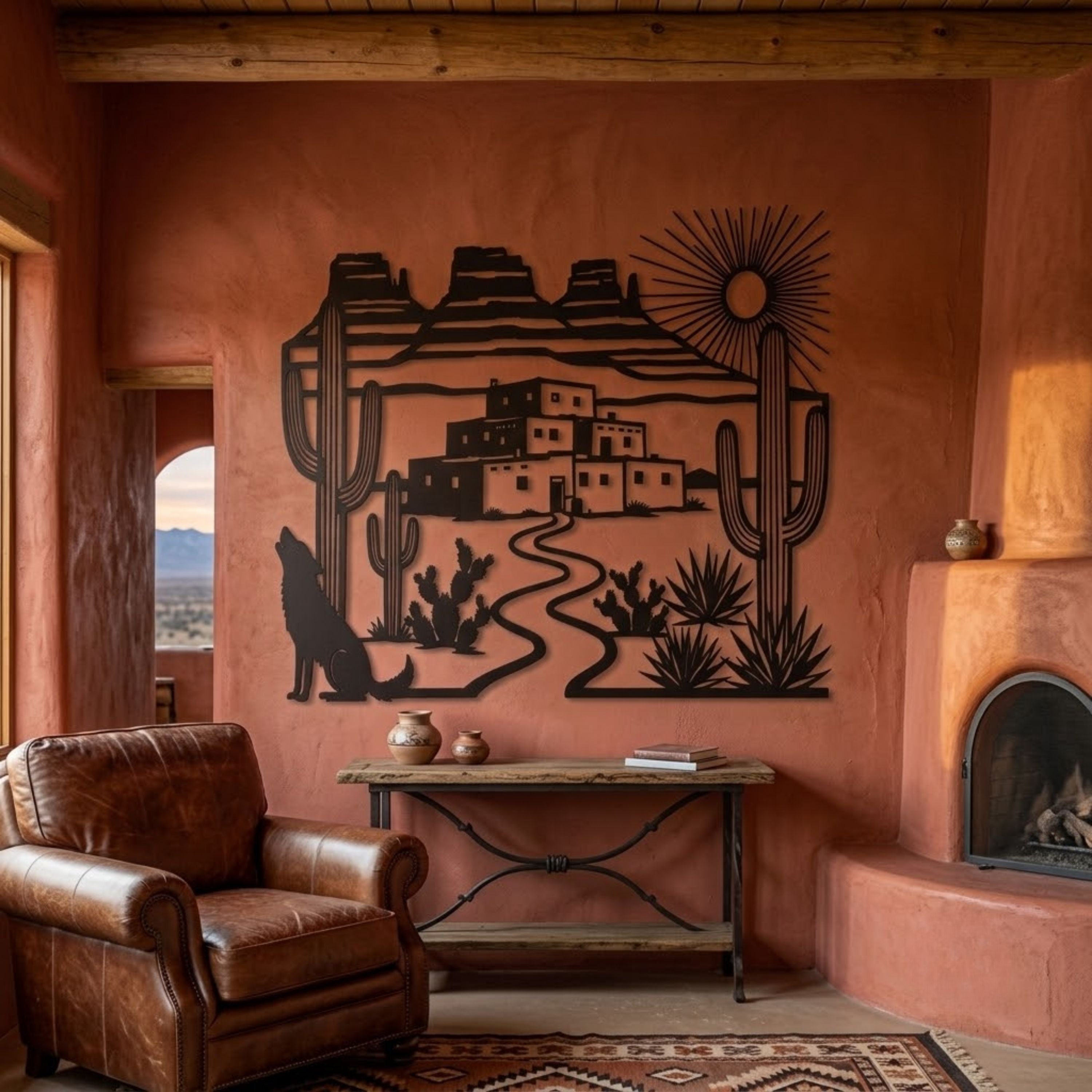 Desert Wolf Metal Sign, Southwest Pueblo Wall Art, Howling Coyote Deco