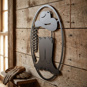 Cowboy Boots Hat Metal Sign, Western Lasso Wall Art, Ranch Cowboy Deco