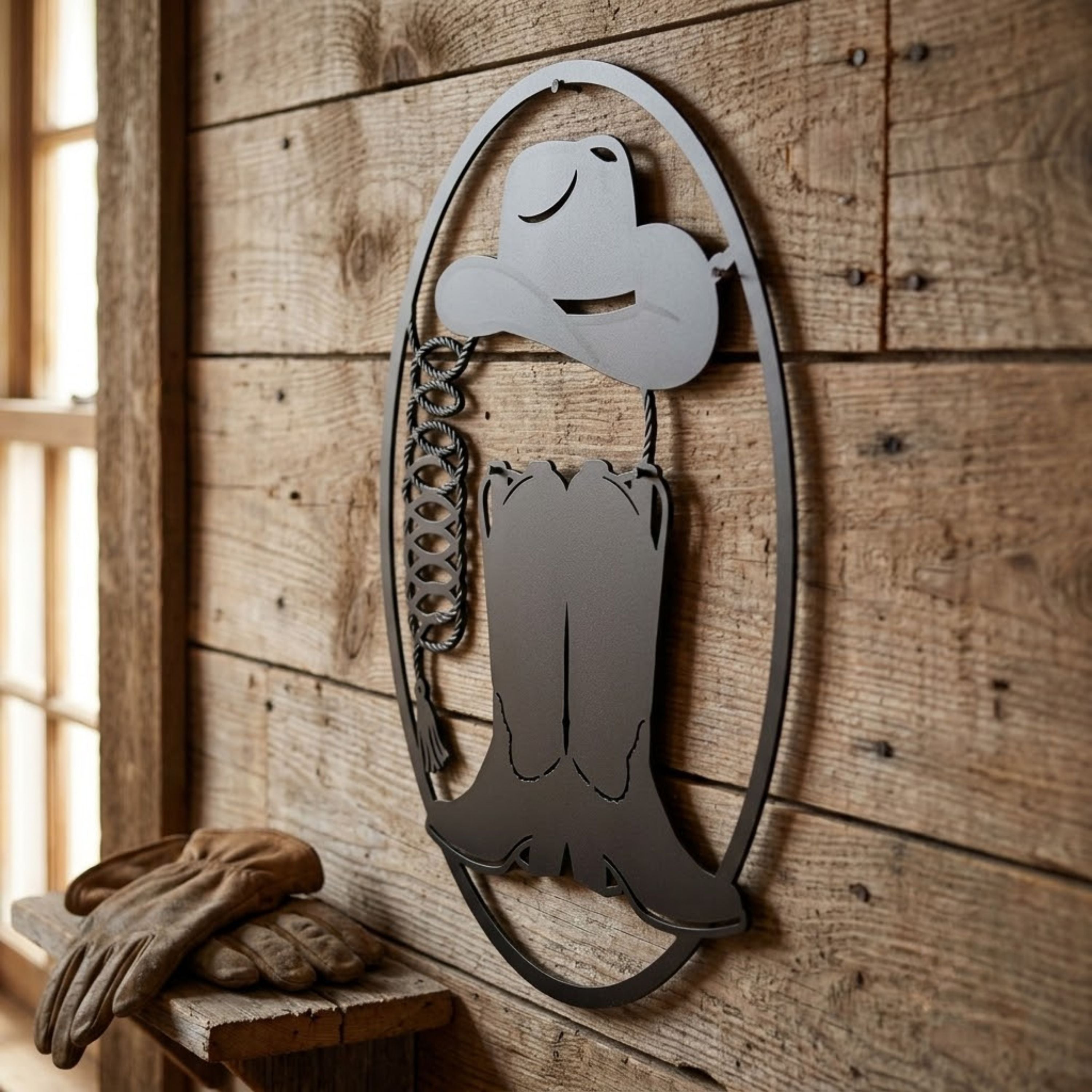 Cowboy Boots Hat Metal Sign, Western Lasso Wall Art, Ranch Cowboy Deco
