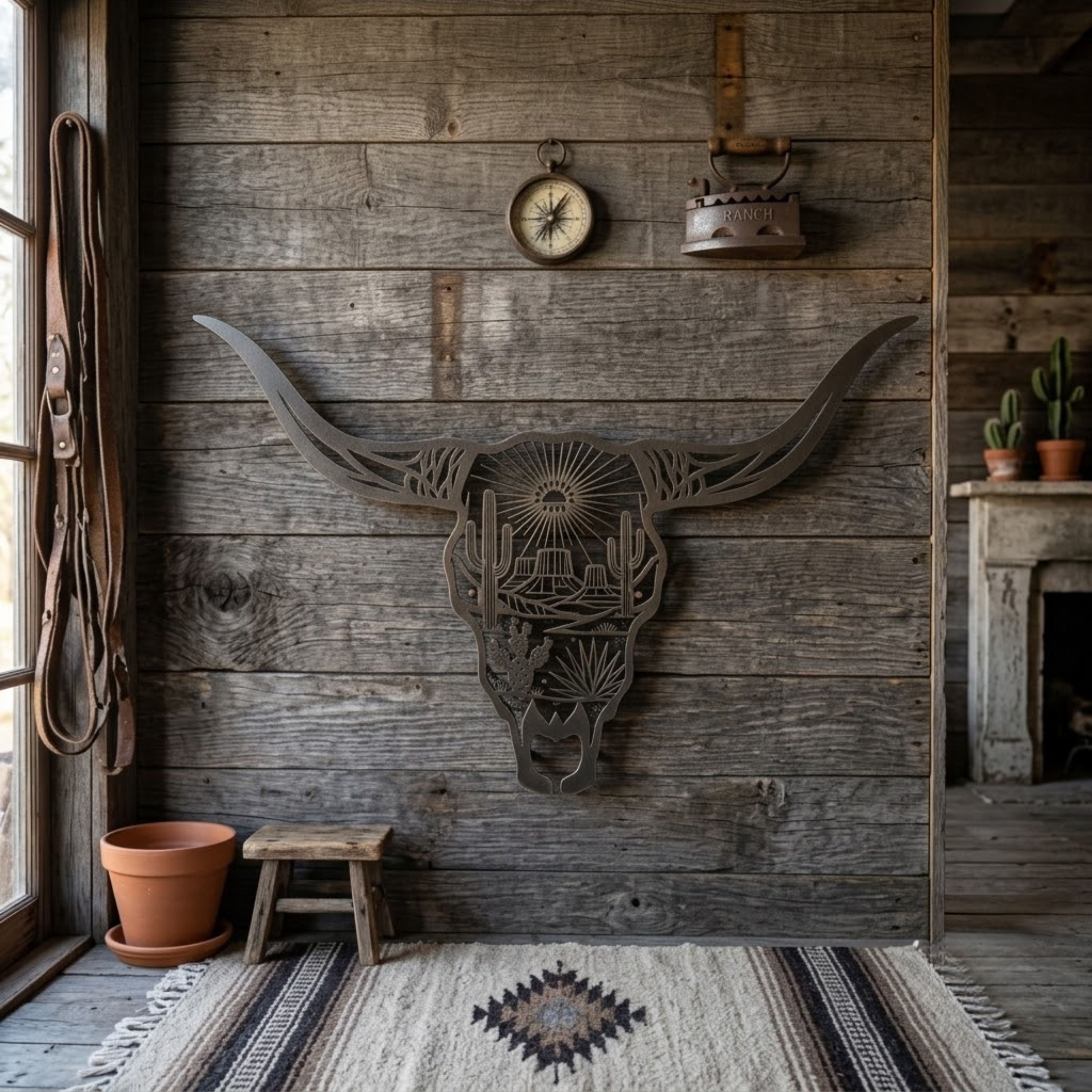 Longhorn Skull Metal Sign, Desert Landscape Wall Art, Western Cattle S
