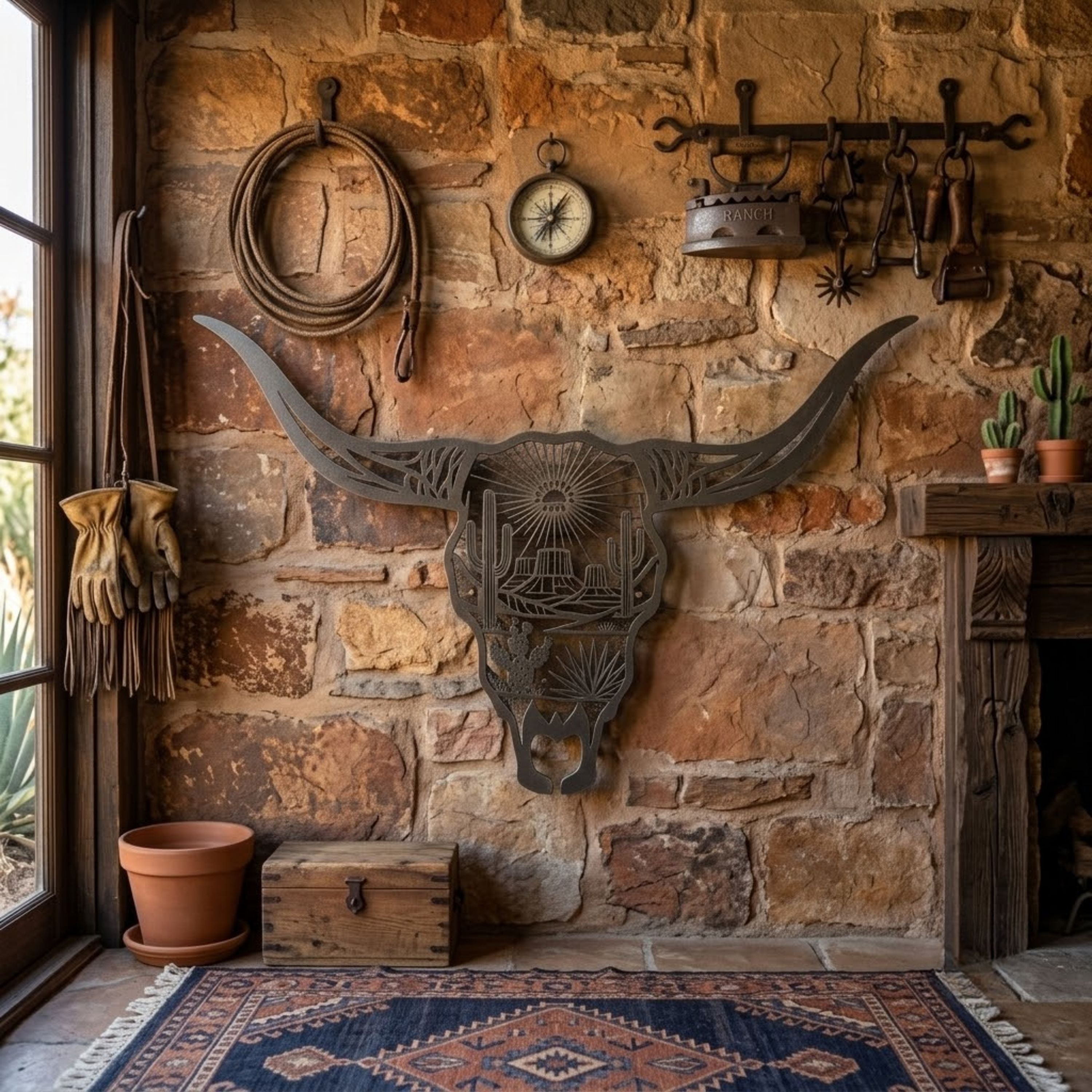 Longhorn Skull Metal Sign, Desert Landscape Wall Art, Western Cattle S