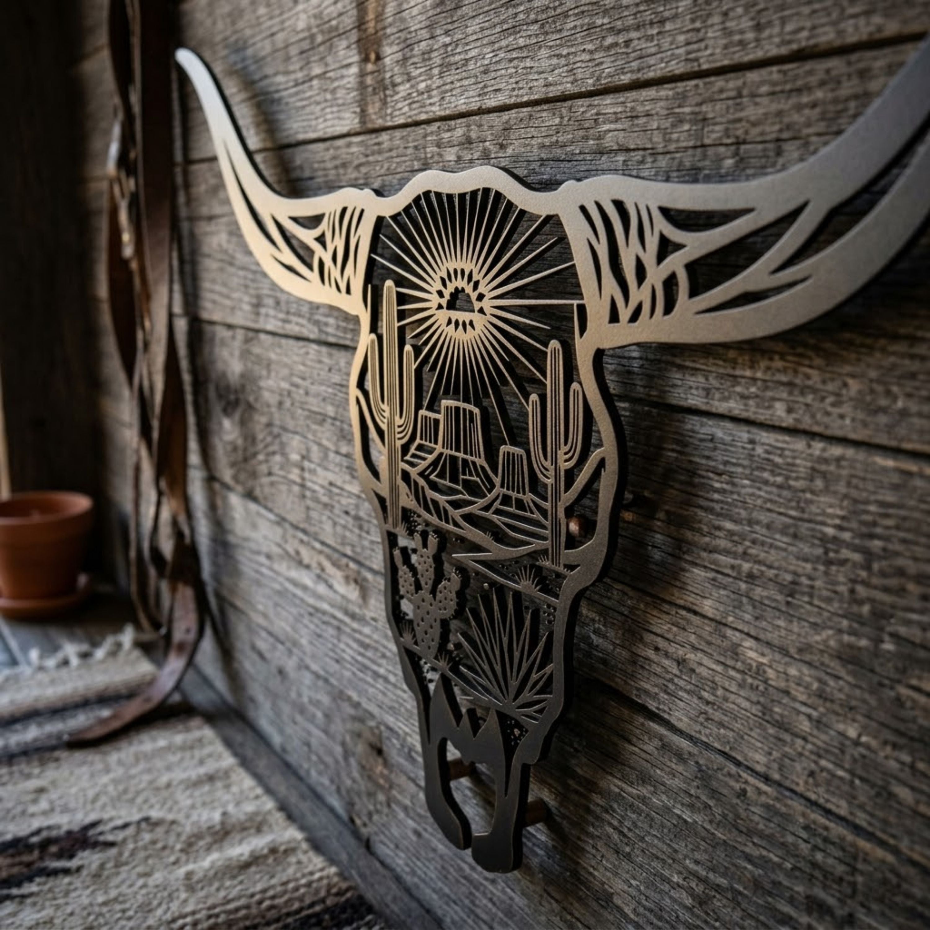 Longhorn Skull Metal Sign, Desert Landscape Wall Art, Western Cattle S