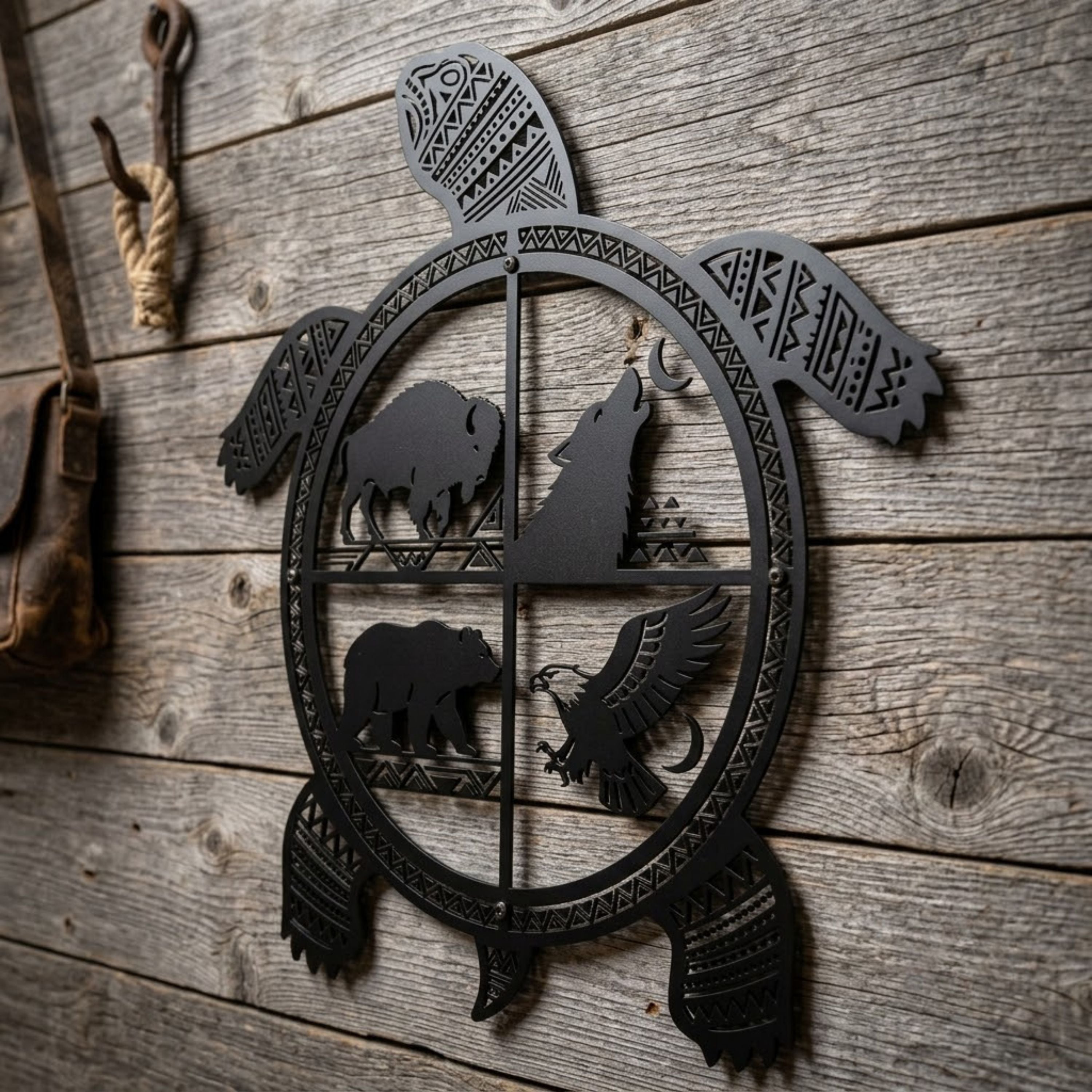 Turtle Metal Sign, Native American Wildlife Wall Art, Bison Wolf Bear