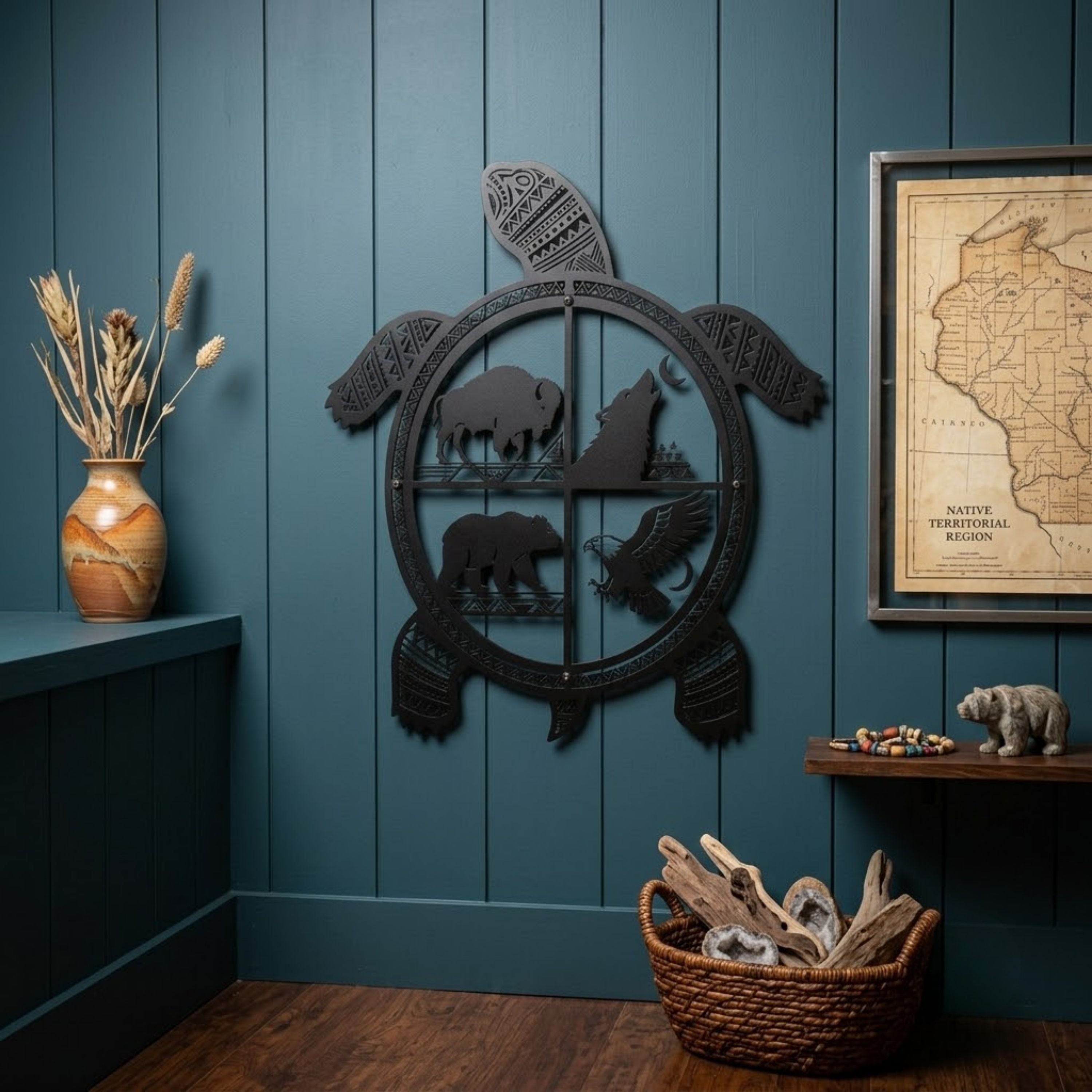 Turtle Metal Sign, Native American Wildlife Wall Art, Bison Wolf Bear