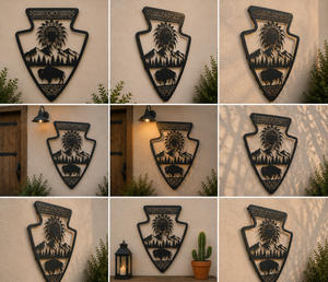 Arrowhead Metal Sign, Native American Chief Wall Art, Bison Mountain D